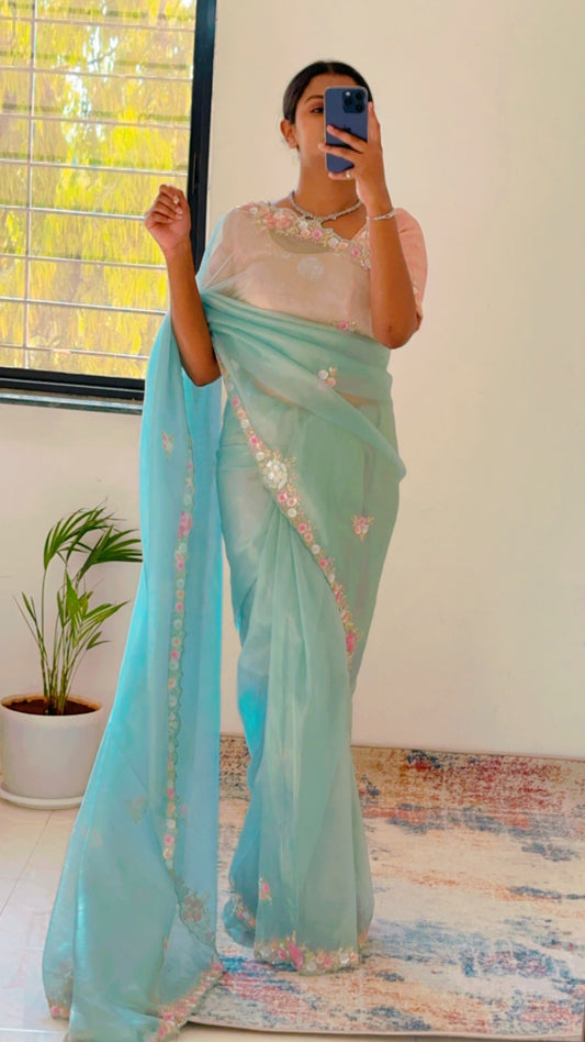 Mint Green Pure Shimmer Tissue Handwork Saree