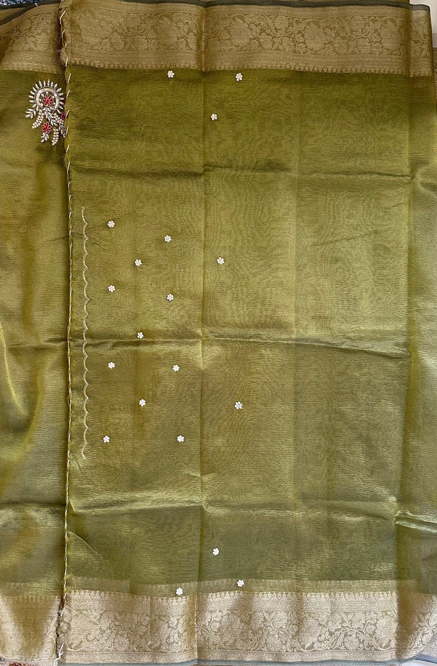 Green Designer Handwork Crush Tissue Saree