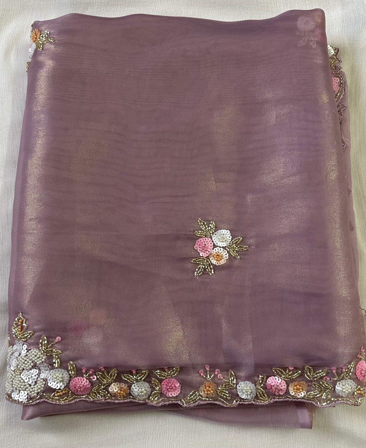 Lilac Pure Shimmer Tissue Handwork Saree