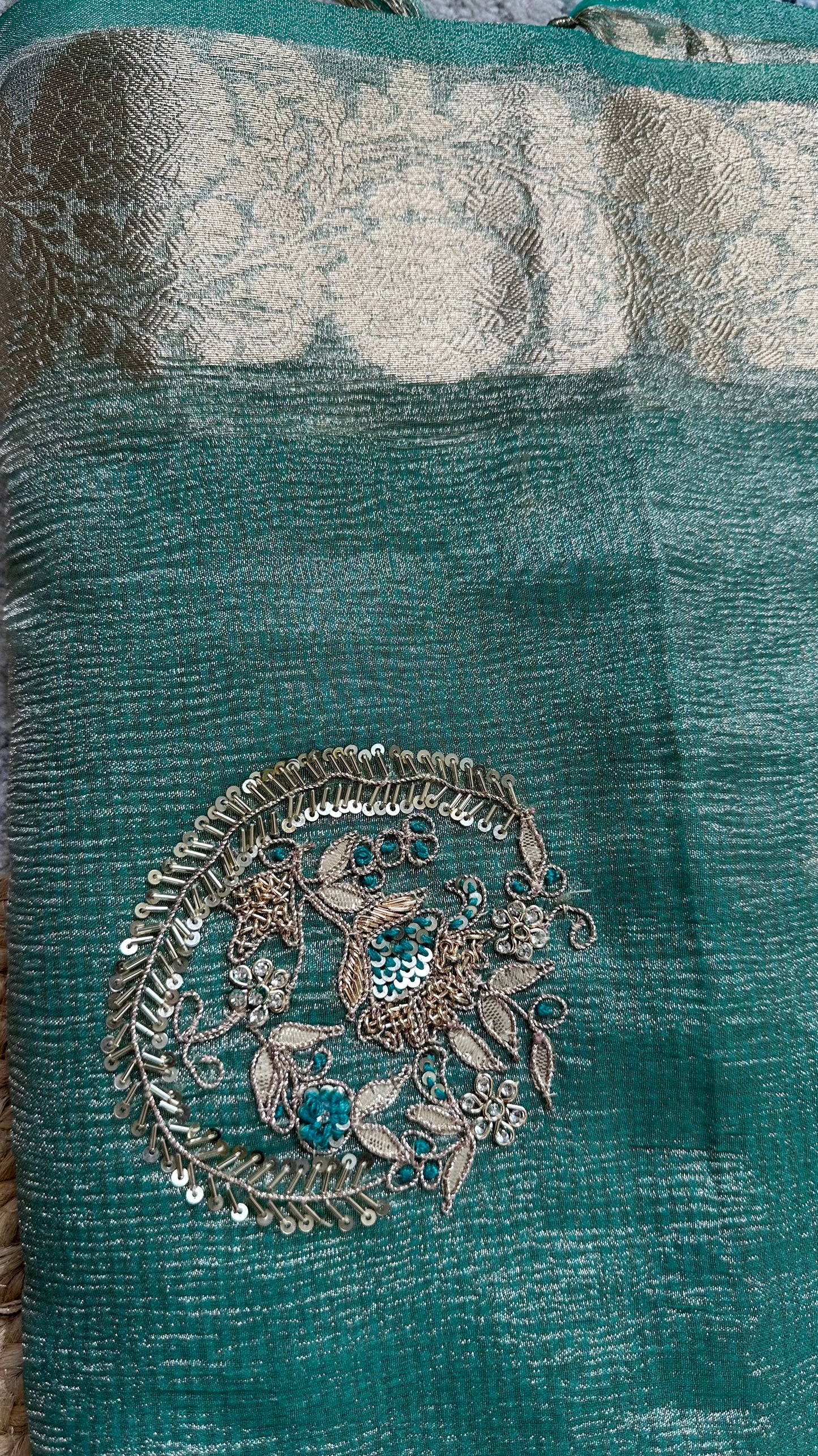 Green Designer Handwork Crush Tissue Saree
