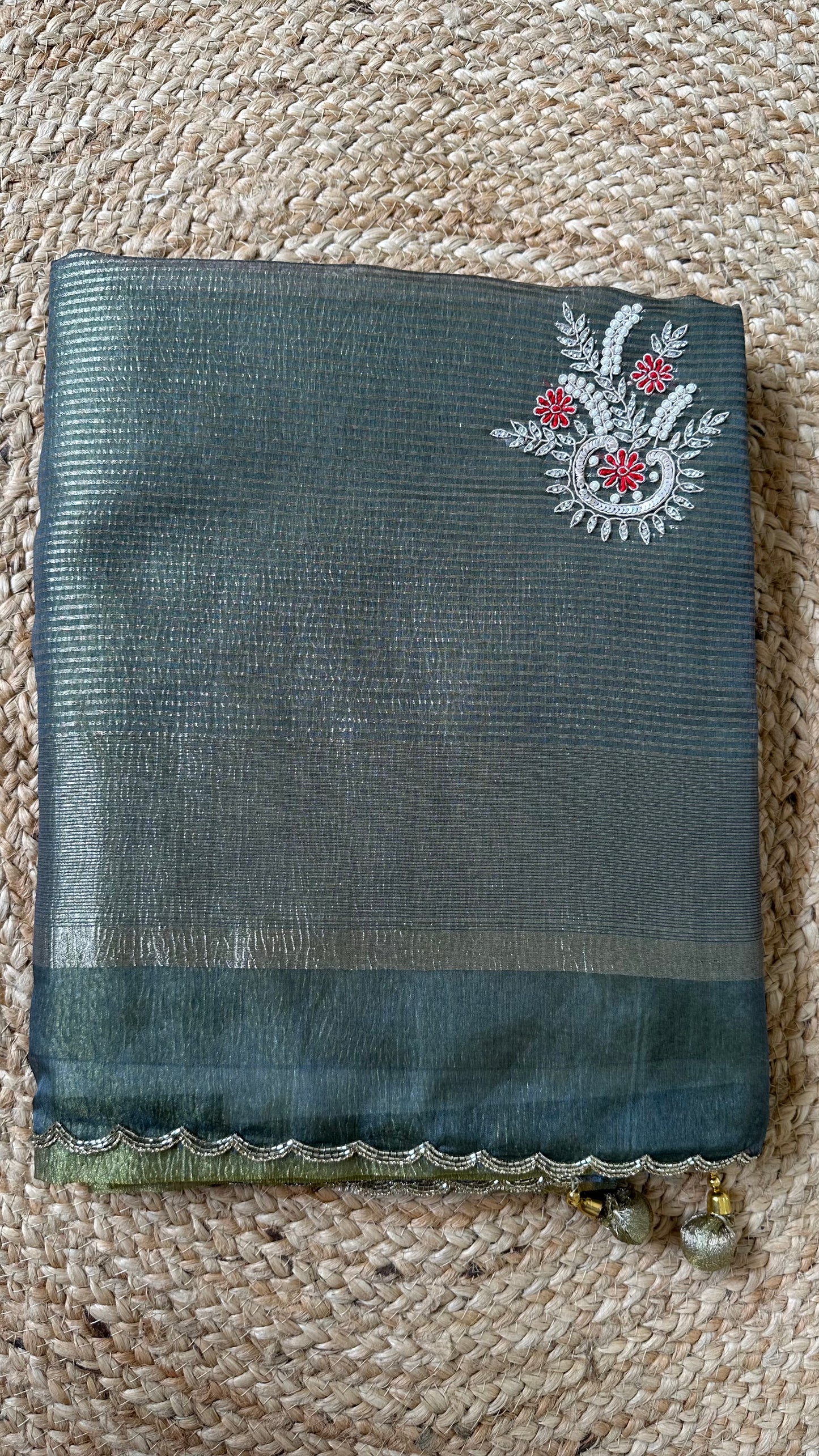 Green Designer Handwork Crush Tissue Saree