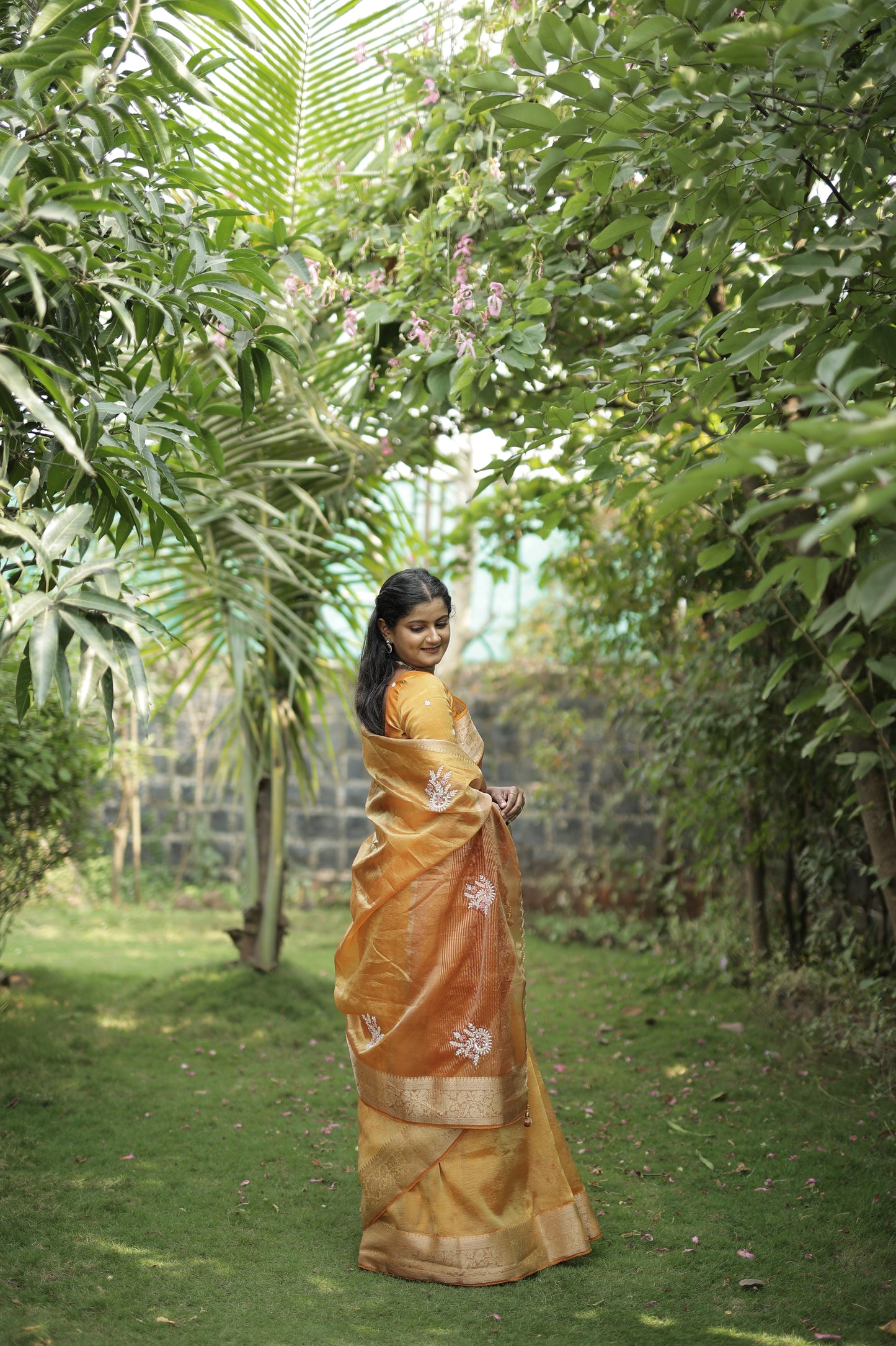 Orange Designer Handwork Crush Tissue Saree