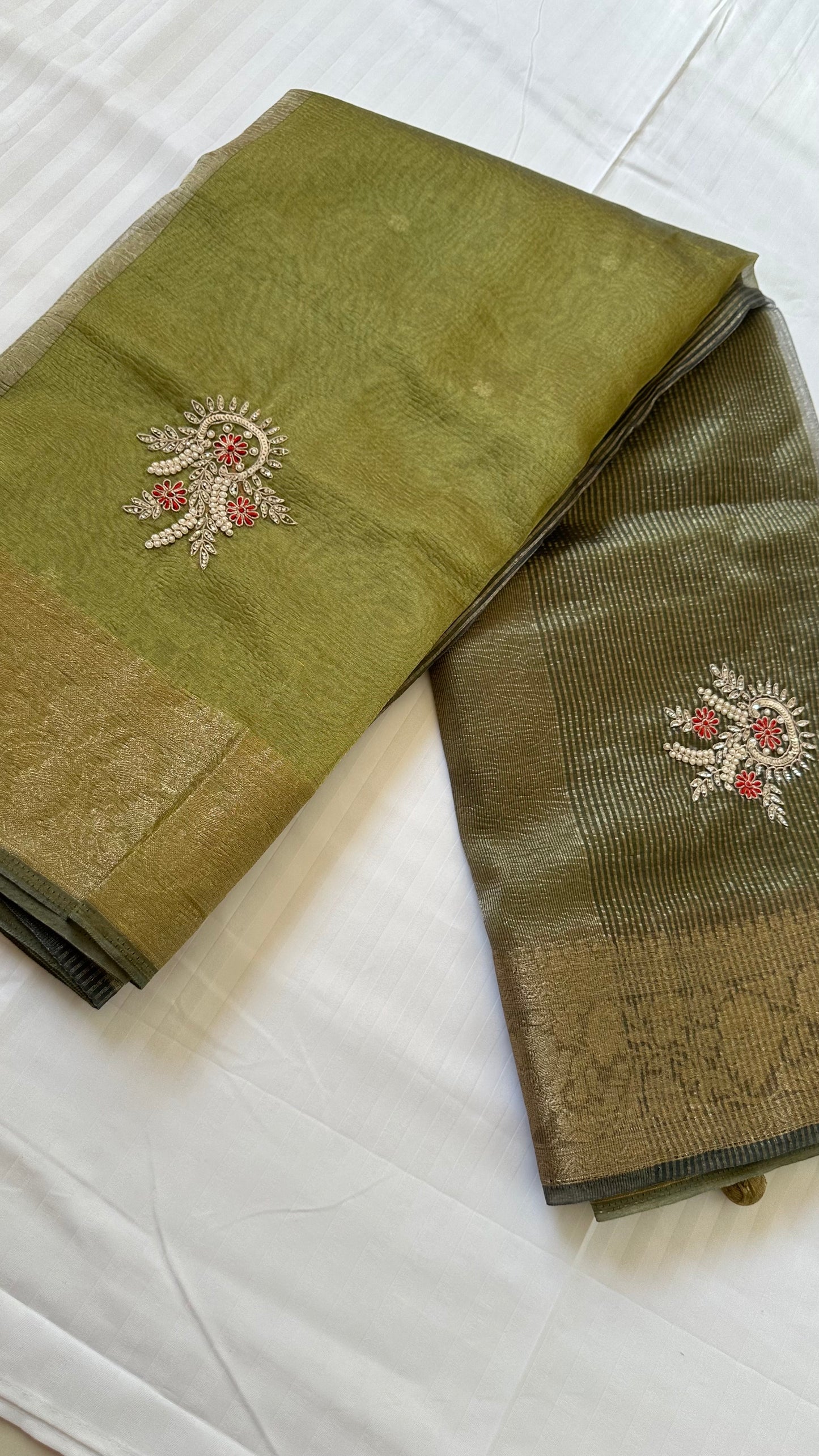 Green Designer Handwork Crush Tissue Saree