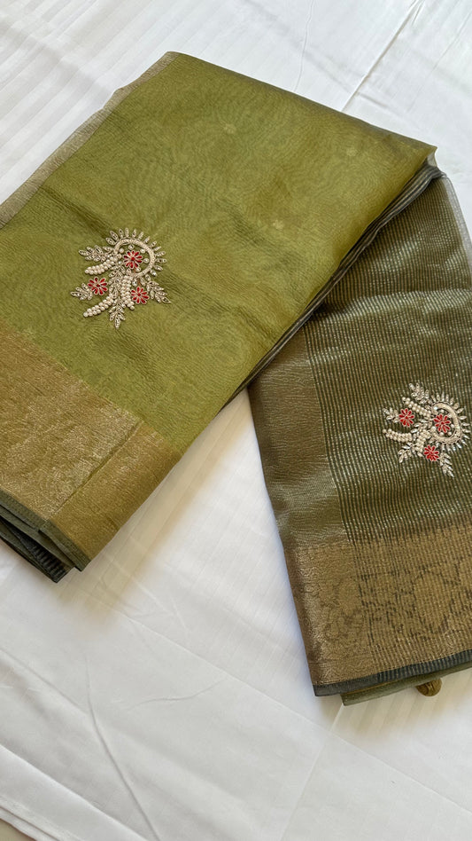 Green Designer Handwork Crush Tissue Saree