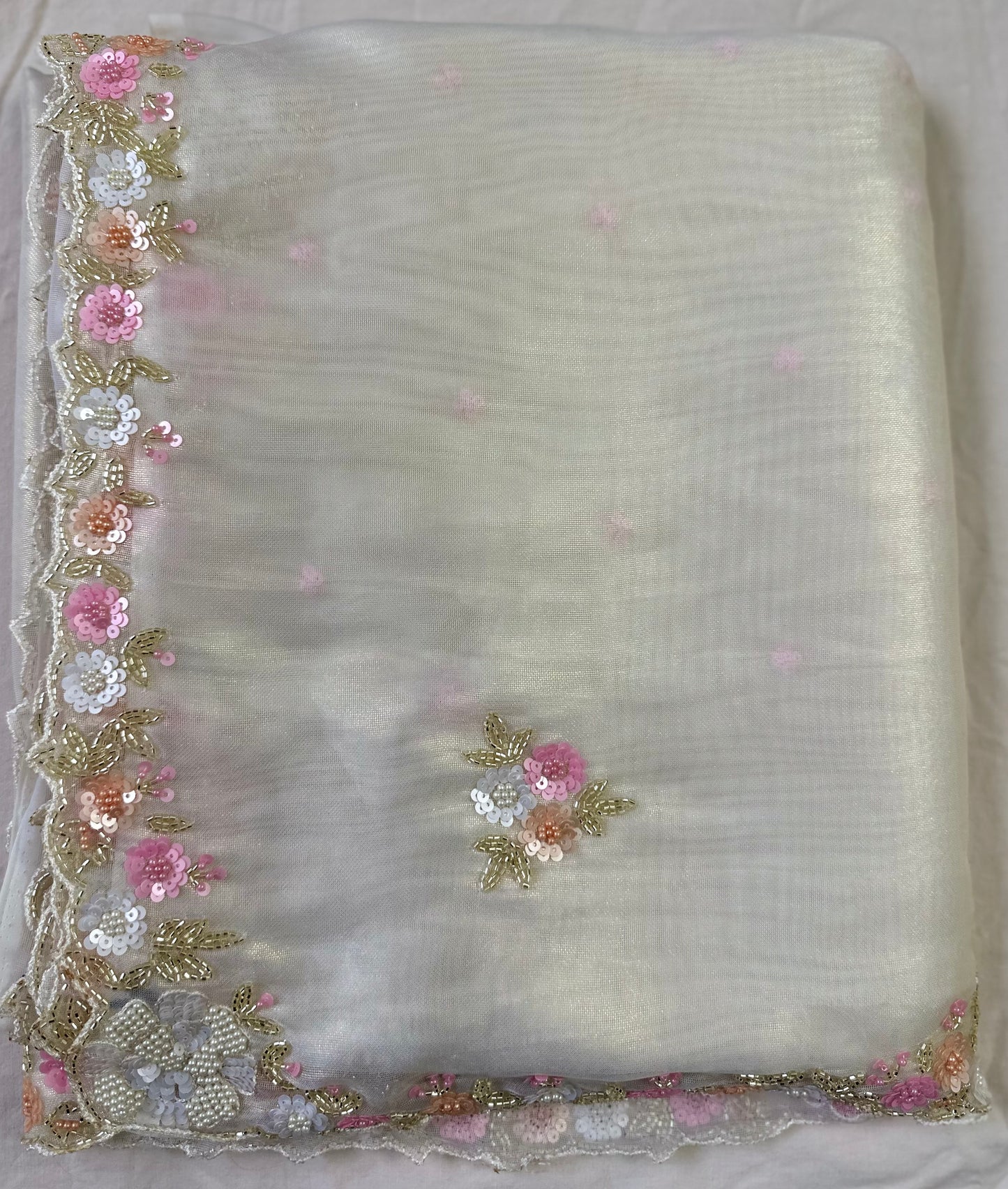 Ivory Pure Shimmer Tissue Handwork Saree