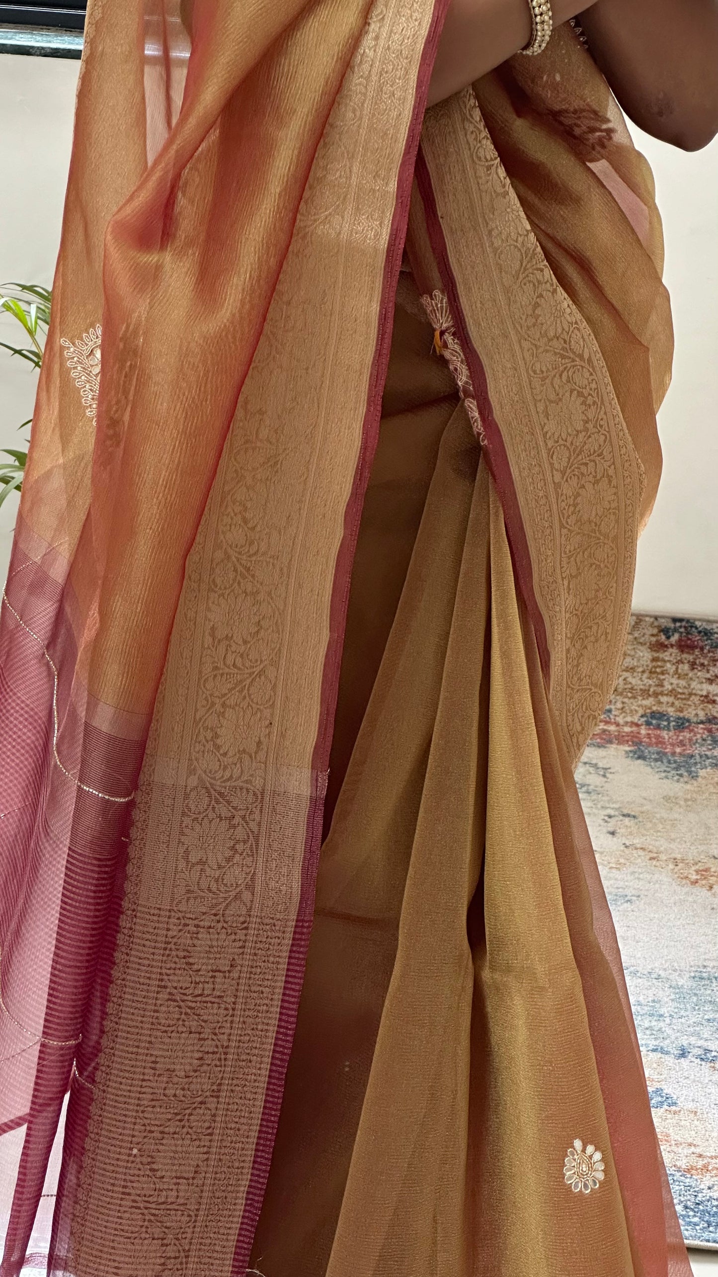 Golden Designer Handwork Crush Tissue Saree