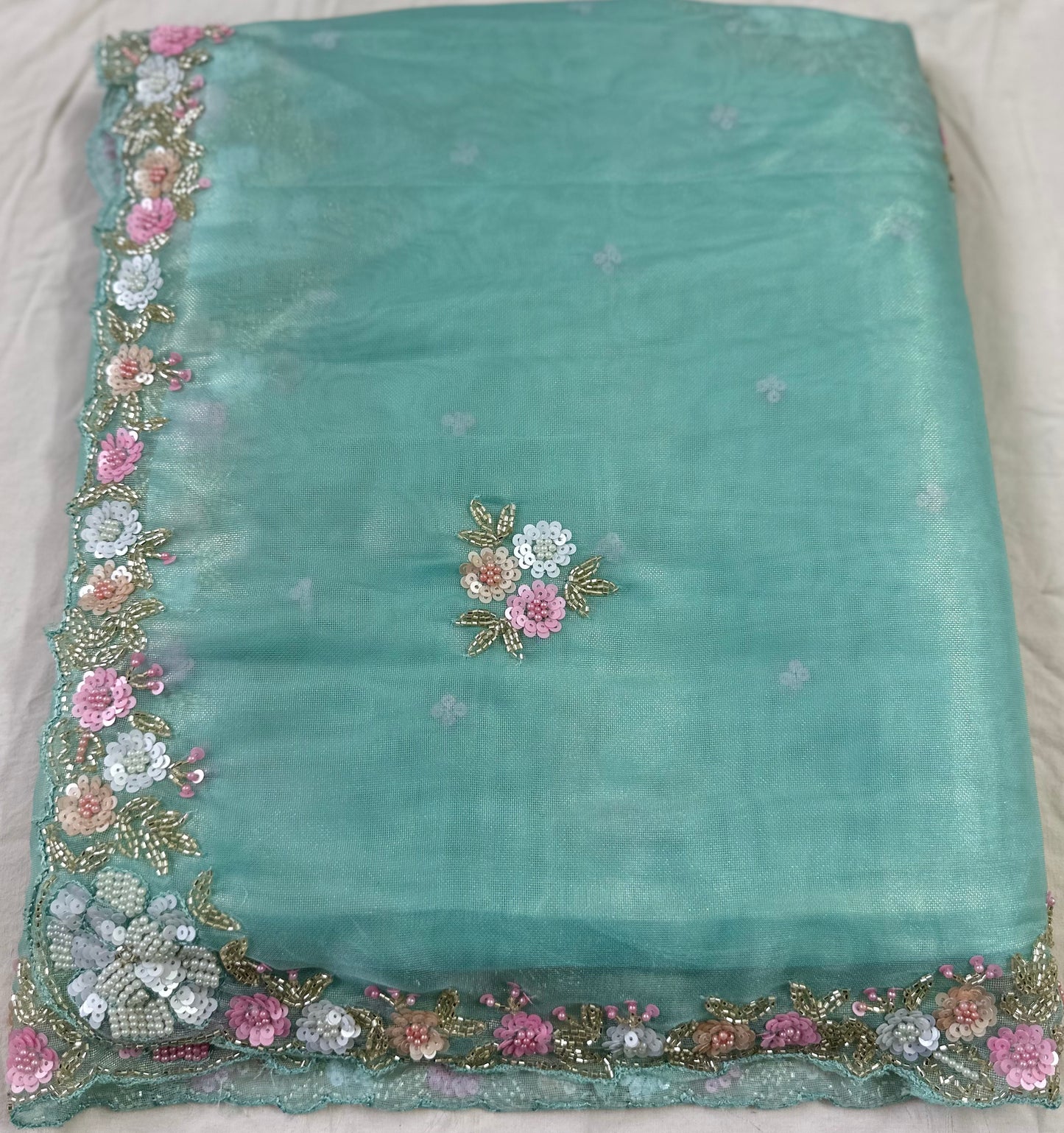 Mint Green Pure Shimmer Tissue Handwork Saree