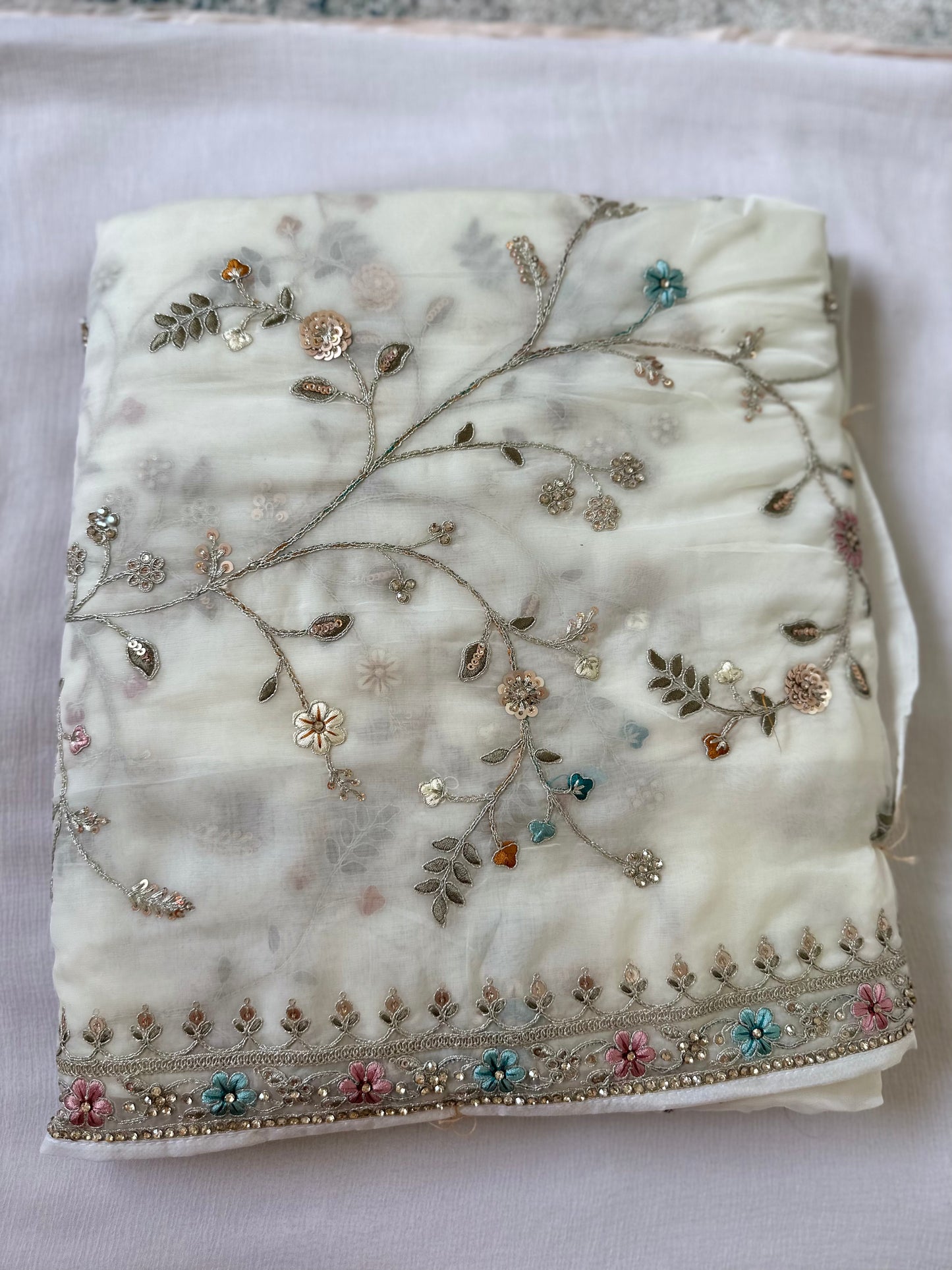Ivory Pure Organza Handwork Saree