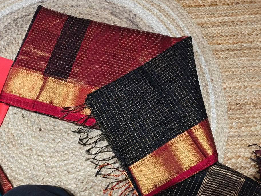 Pure Maheshwari Handloom Zari Checks Saree