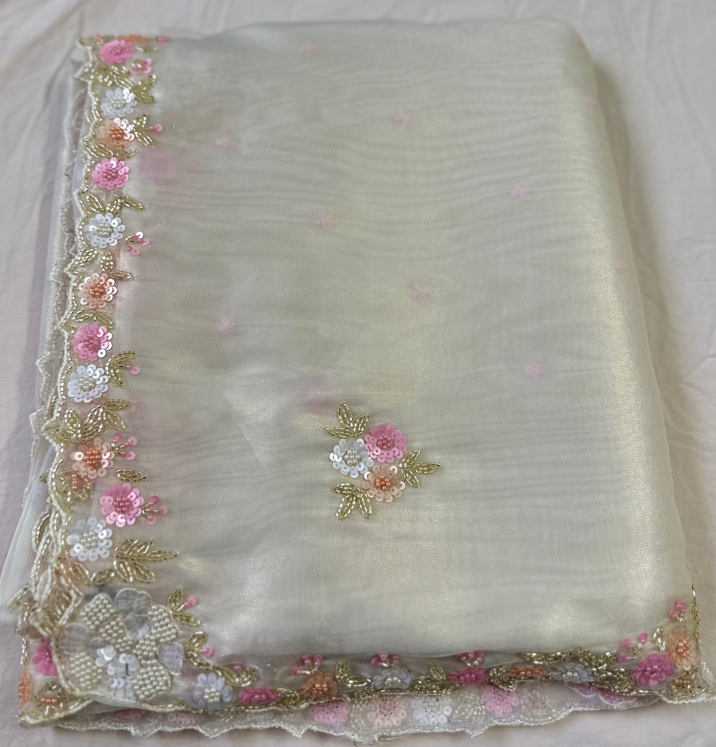 Ivory Pure Shimmer Tissue Handwork Saree