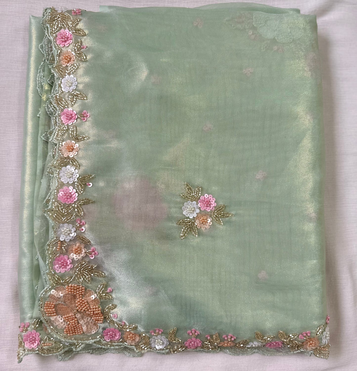 Pista Pure Shimmer Tissue Handwork Saree