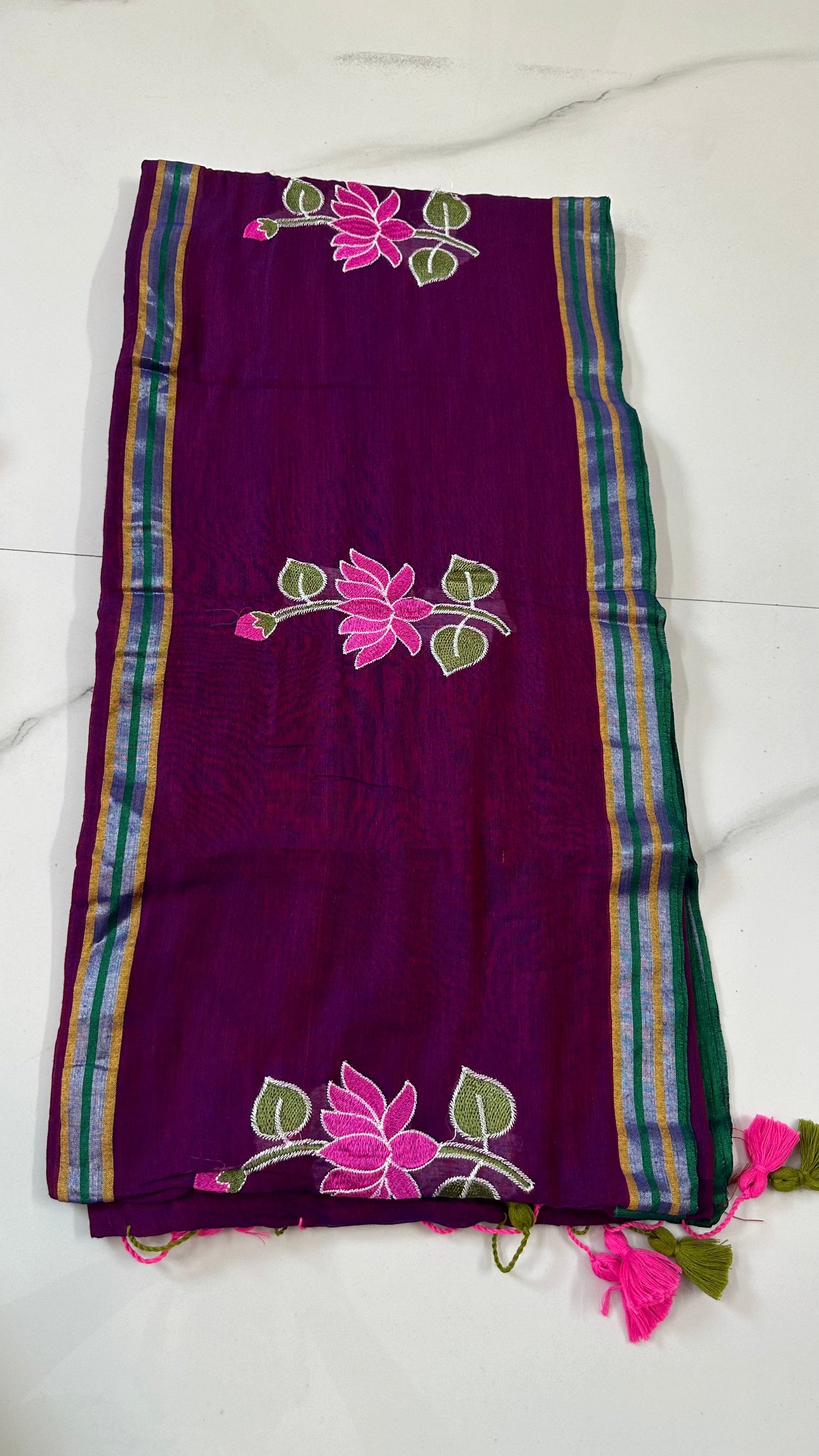 Wine Lotus Mul Cotton Saree
