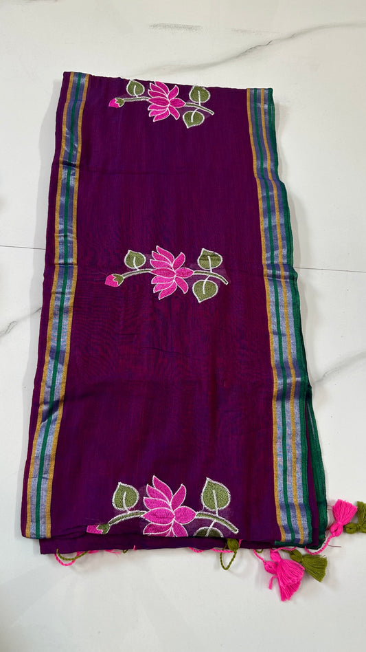 Wine Lotus Mul Cotton Saree