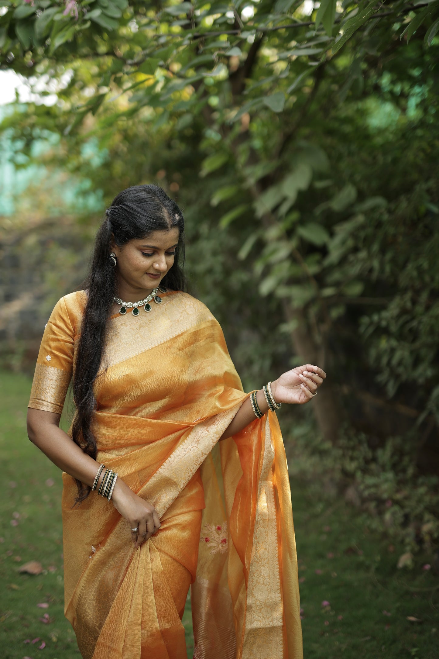 Orange Designer Handwork Crush Tissue Saree