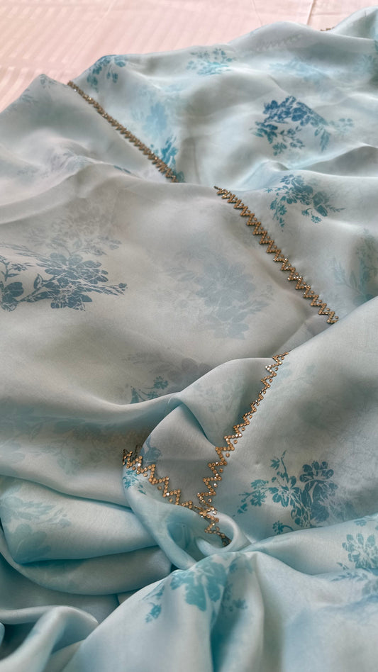 Sky Blue Satin Chiffon Saree