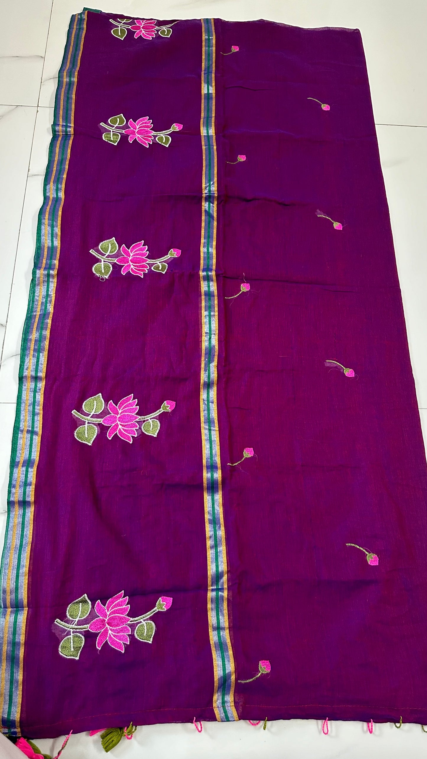 Wine Lotus Mul Cotton Saree