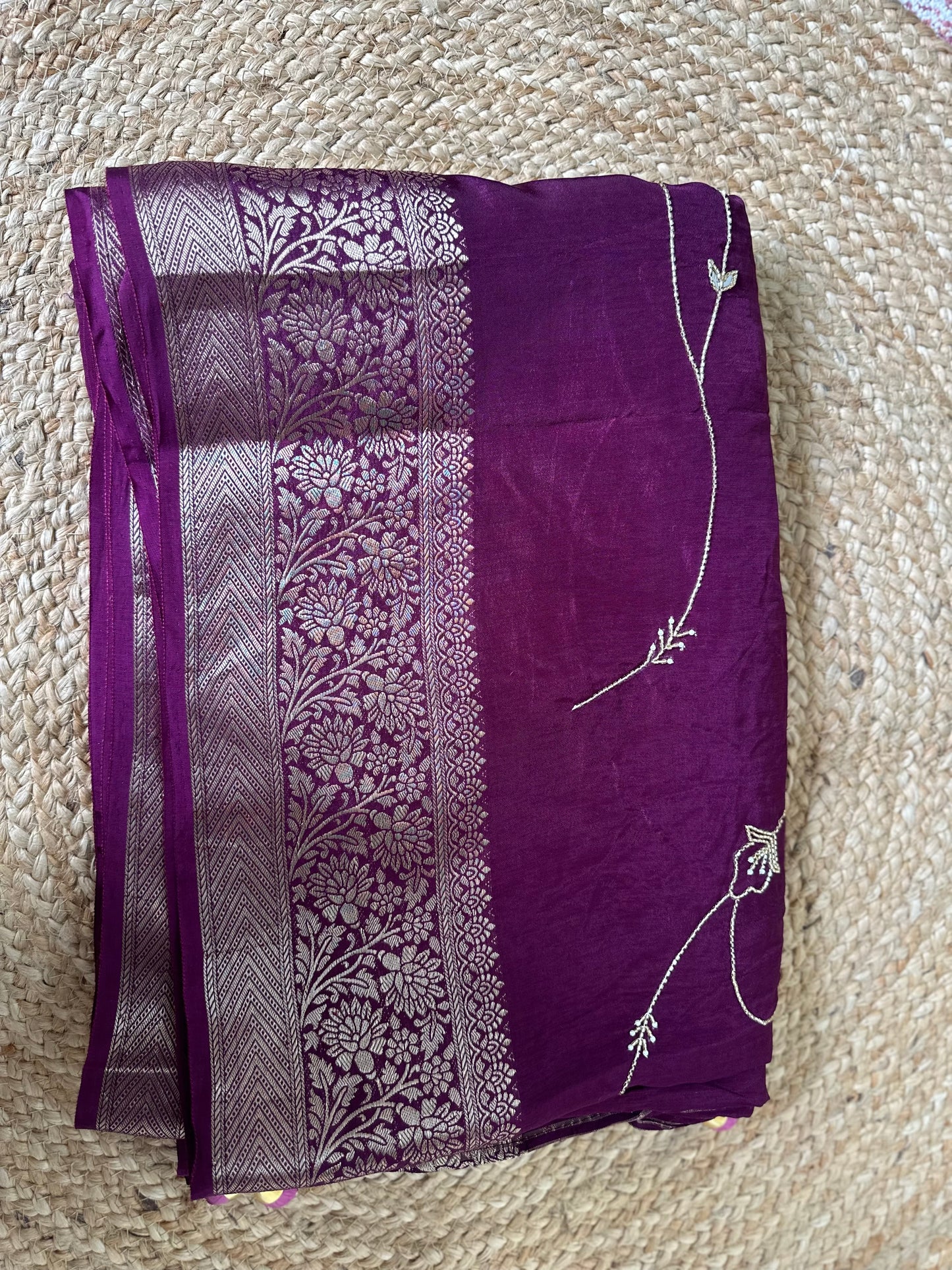 Purple Pure Dola Silk Handwork Designer Saree