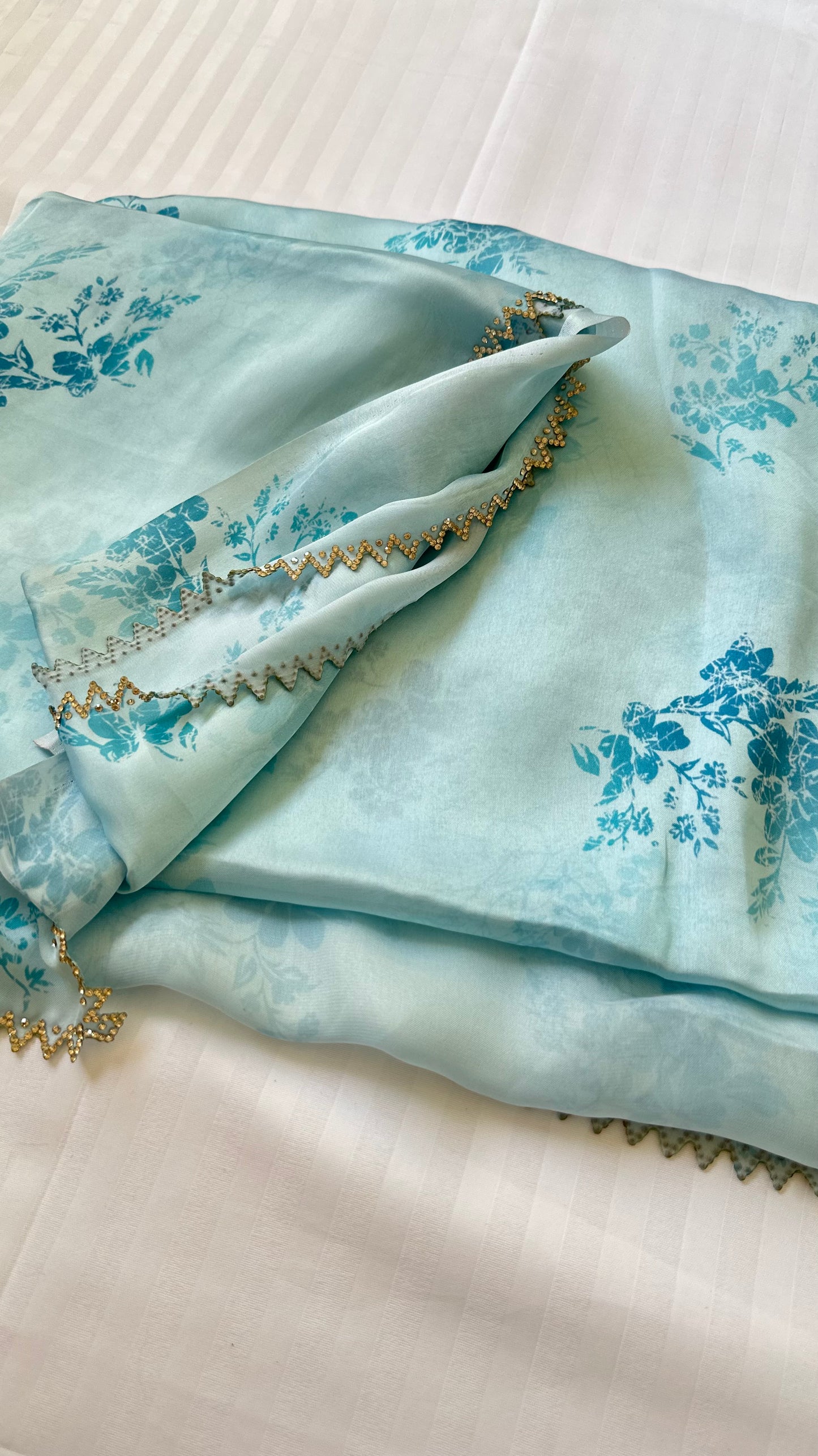 Sky Blue Satin Chiffon Saree
