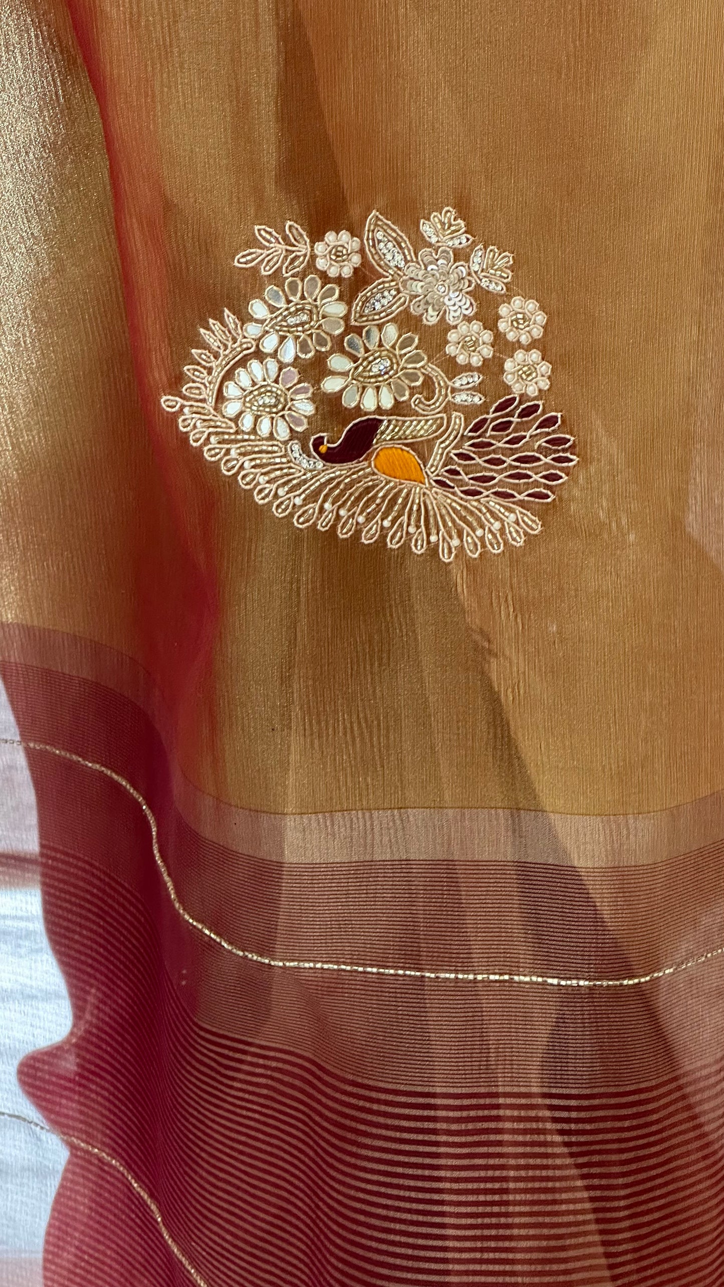 Golden Designer Handwork Crush Tissue Saree