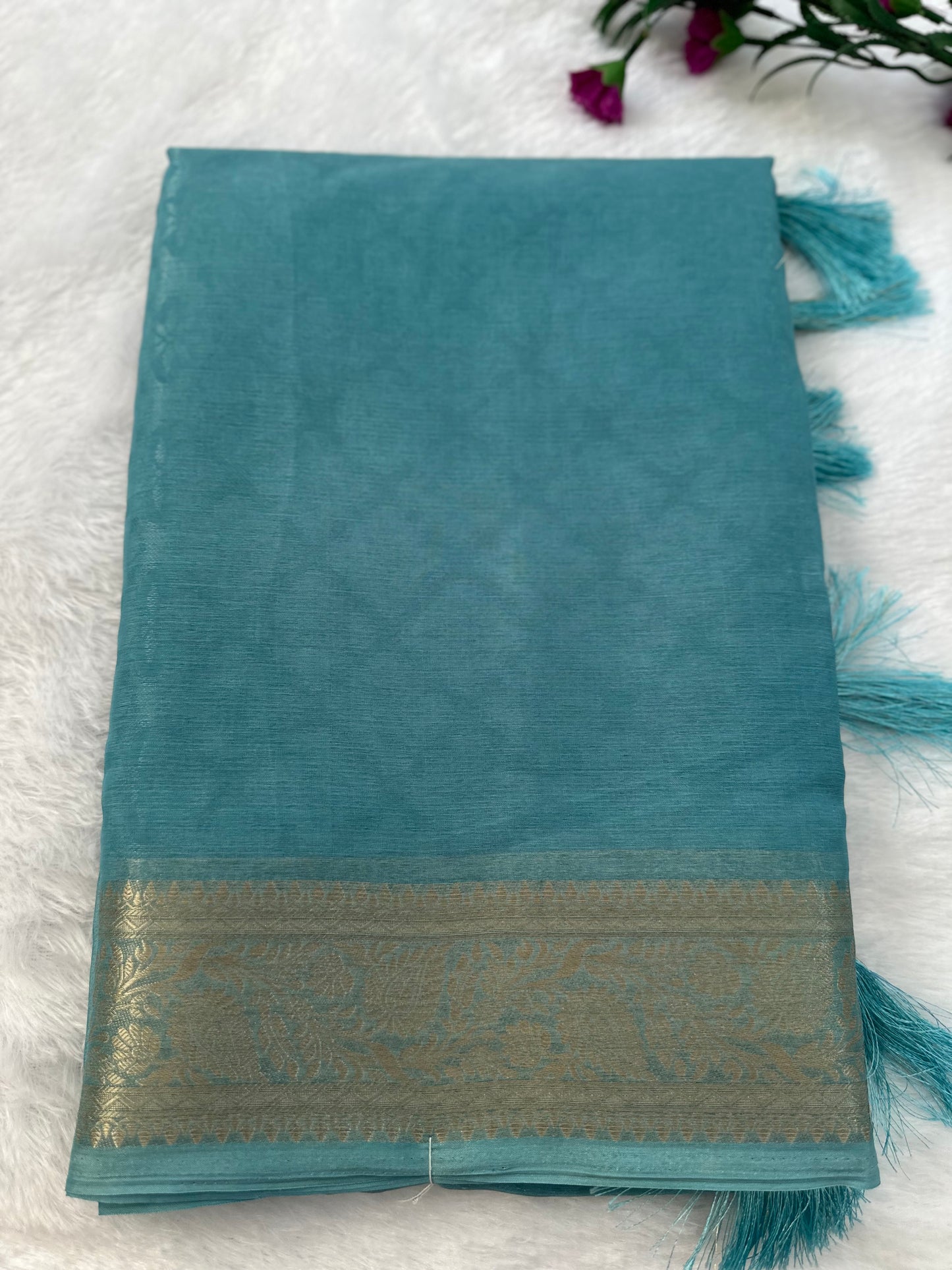 Blue Turquoise Semi Tissue Saree
