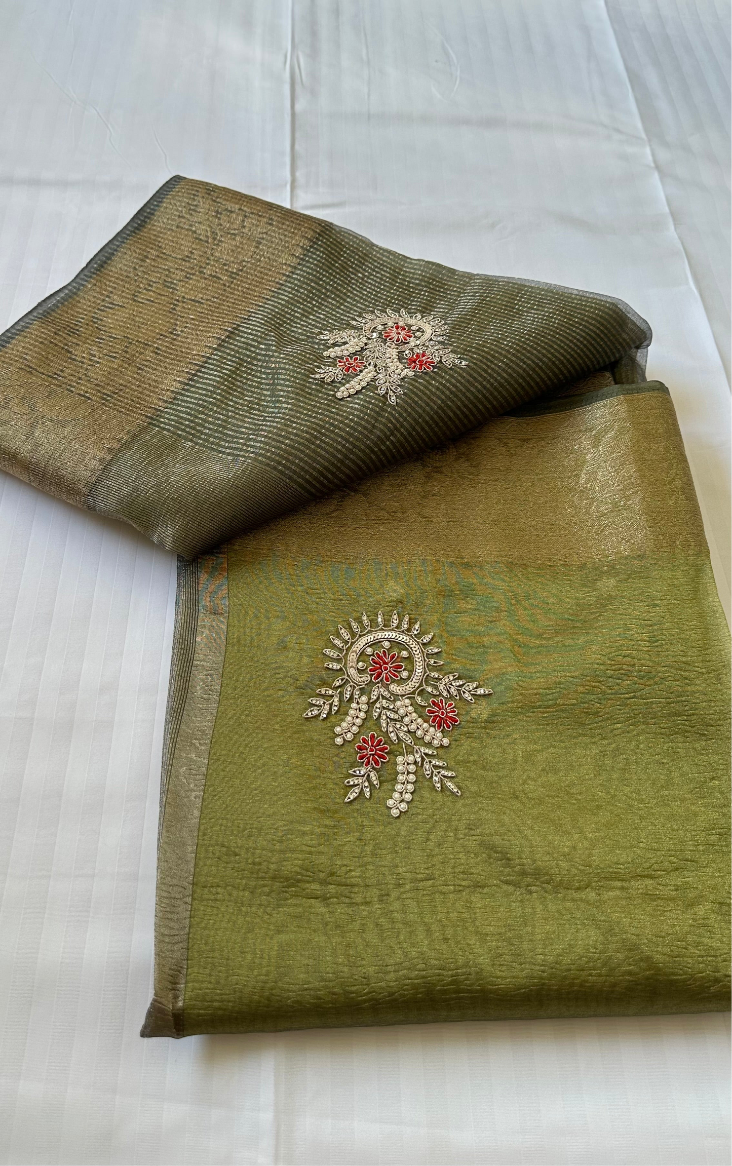Green Designer Handwork Crush Tissue Saree