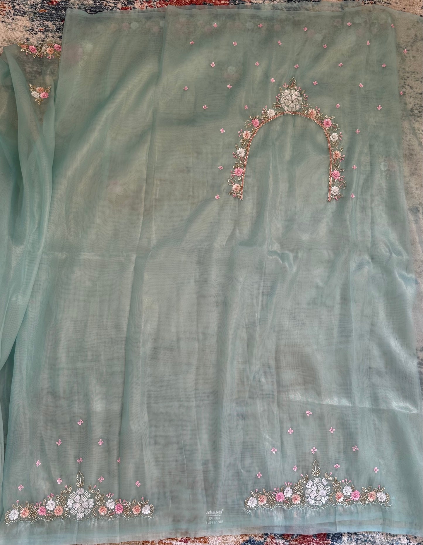 Mint Green Pure Shimmer Tissue Handwork Saree