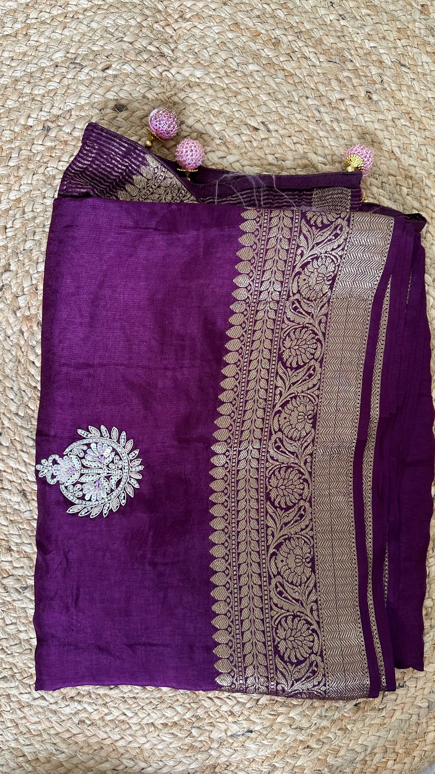 Purple Pure Dola Silk Handwork Designer Saree