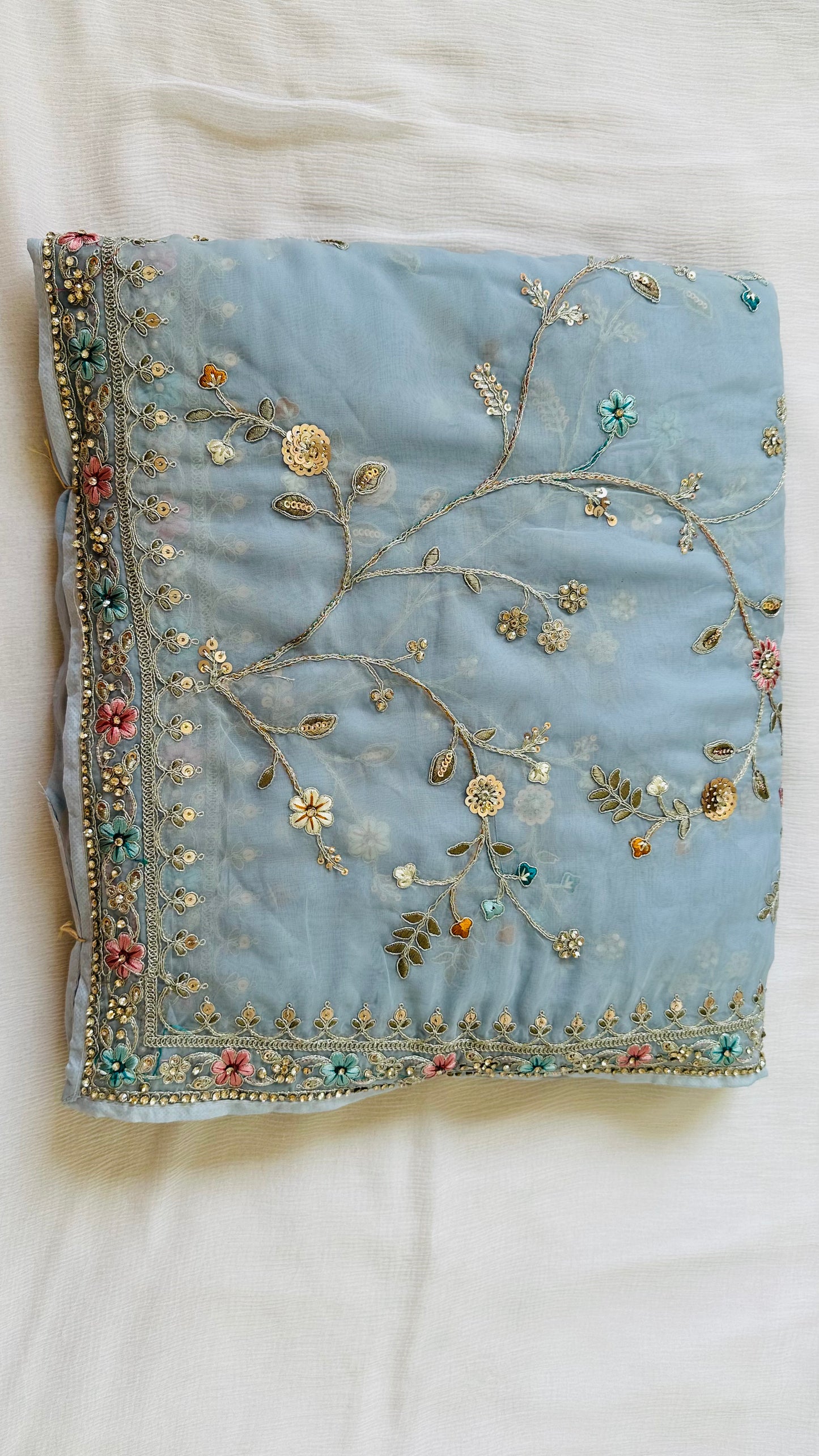 Powder Blue Pure Organza Handwork Saree