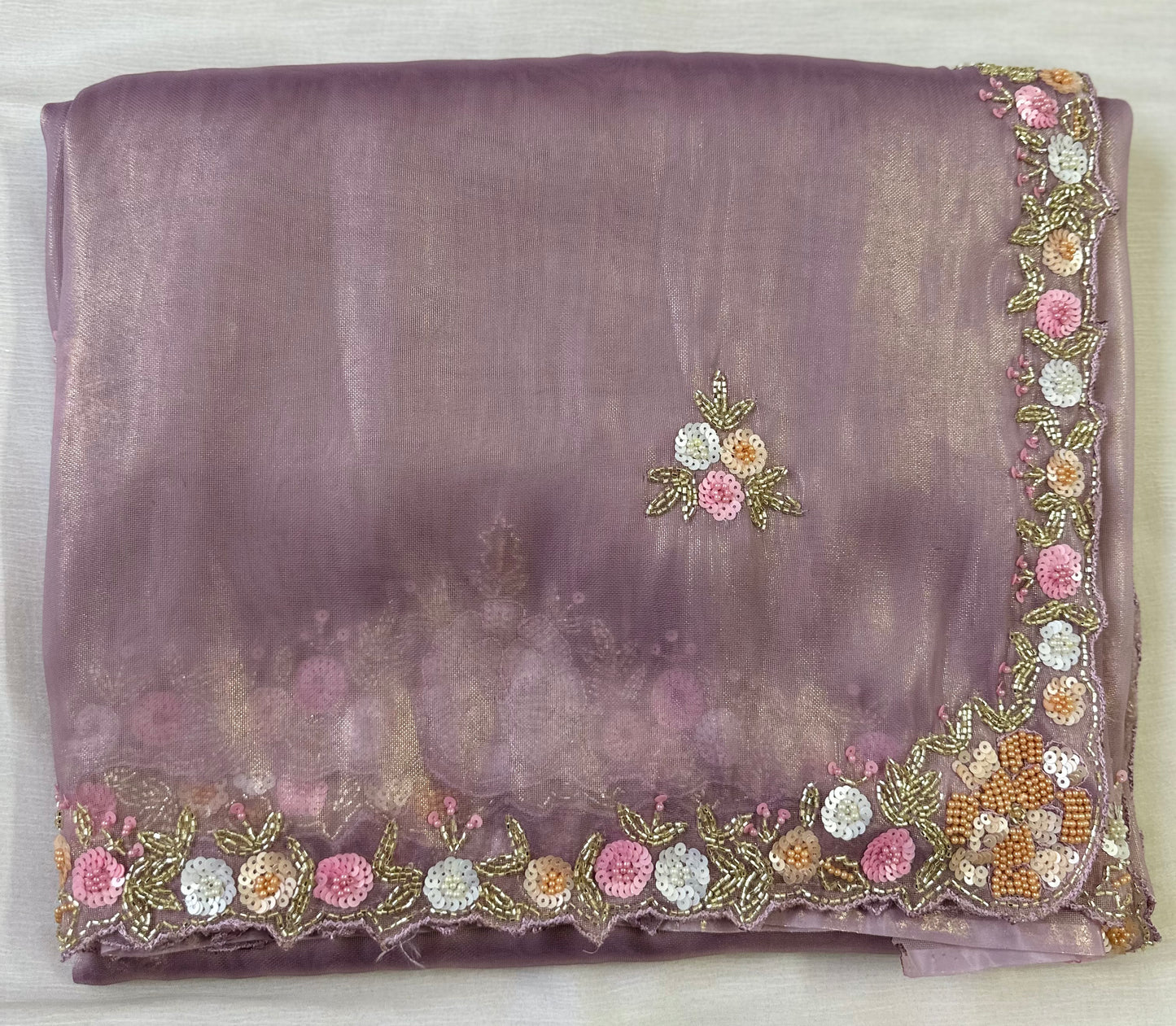 Lilac Pure Shimmer Tissue Handwork Saree