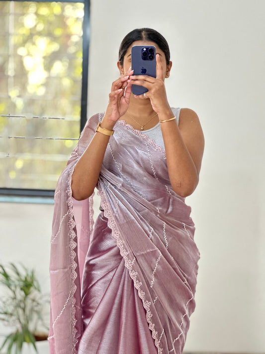 Onion Pink Embellished Tissue Saree