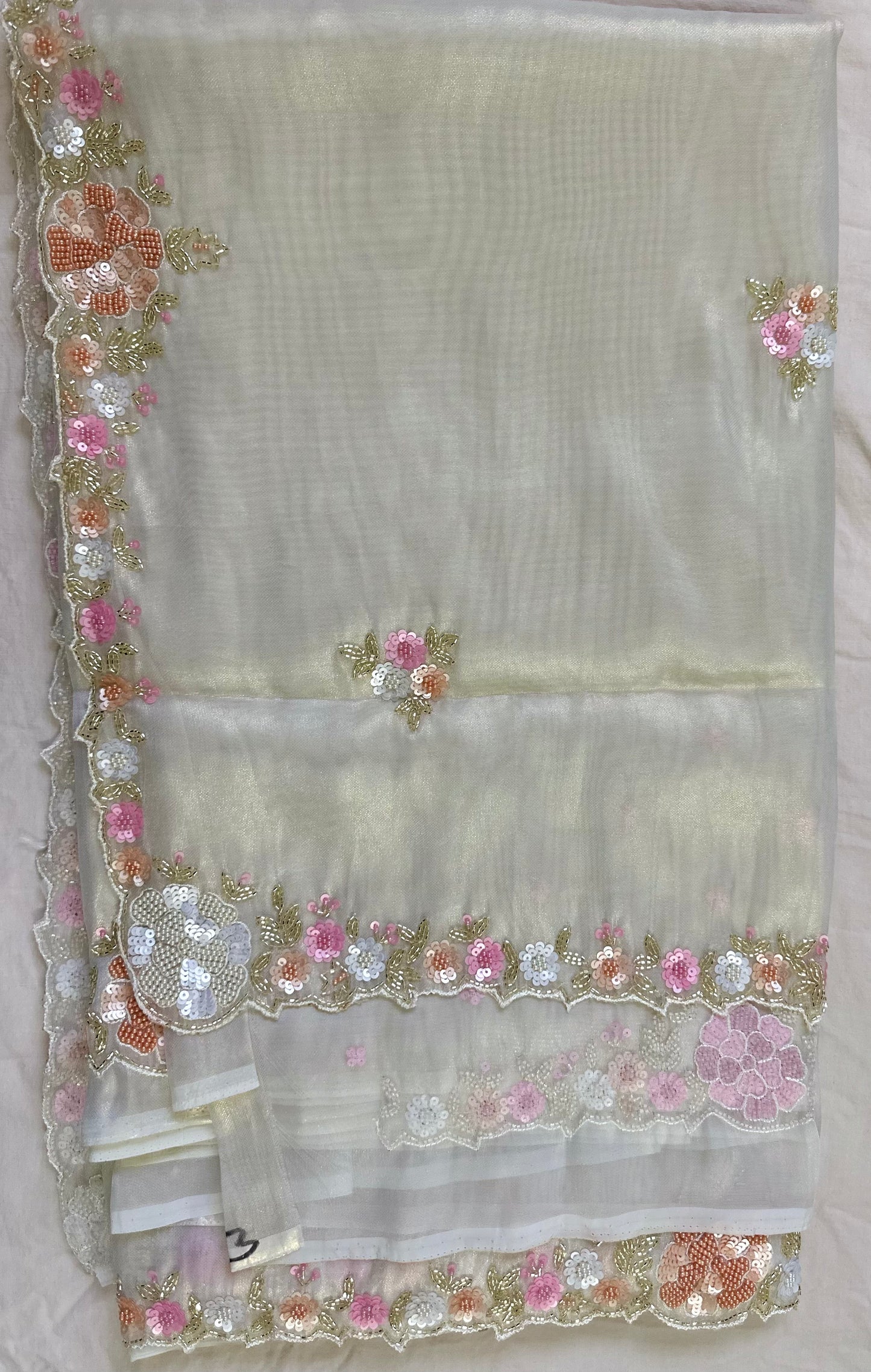 Ivory Pure Shimmer Tissue Handwork Saree