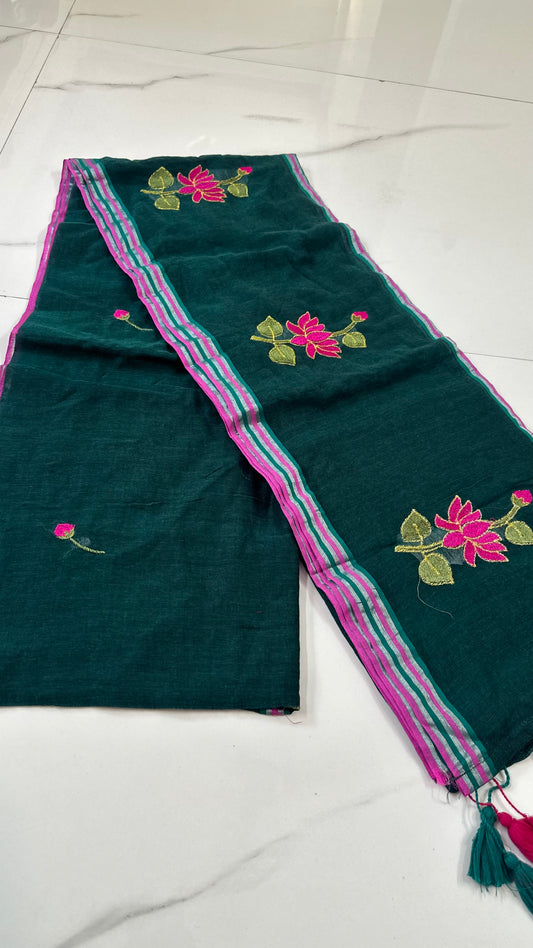 Green Lotus Mul Cotton Saree