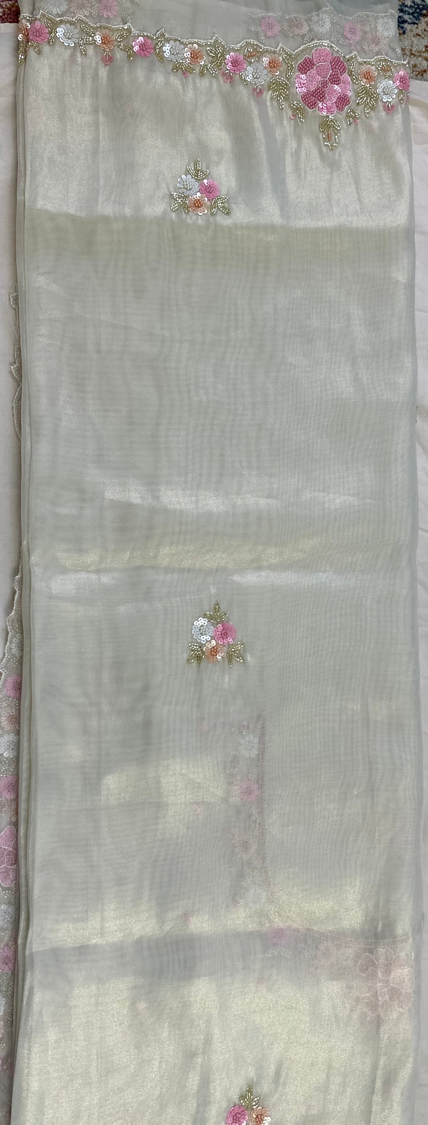 Ivory Pure Shimmer Tissue Handwork Saree
