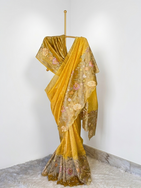 Yellow Designer Chiniya Tissue Banarasi Saree