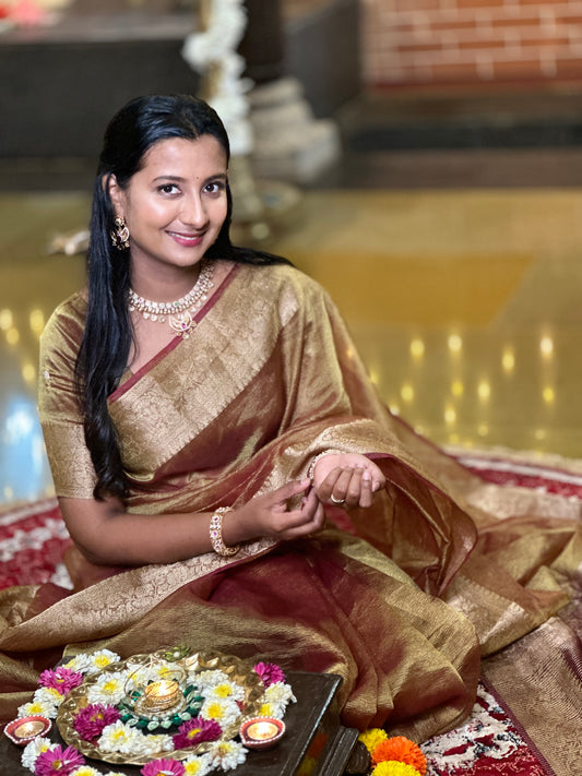 Golden Designer Handwork Crush Tissue Saree