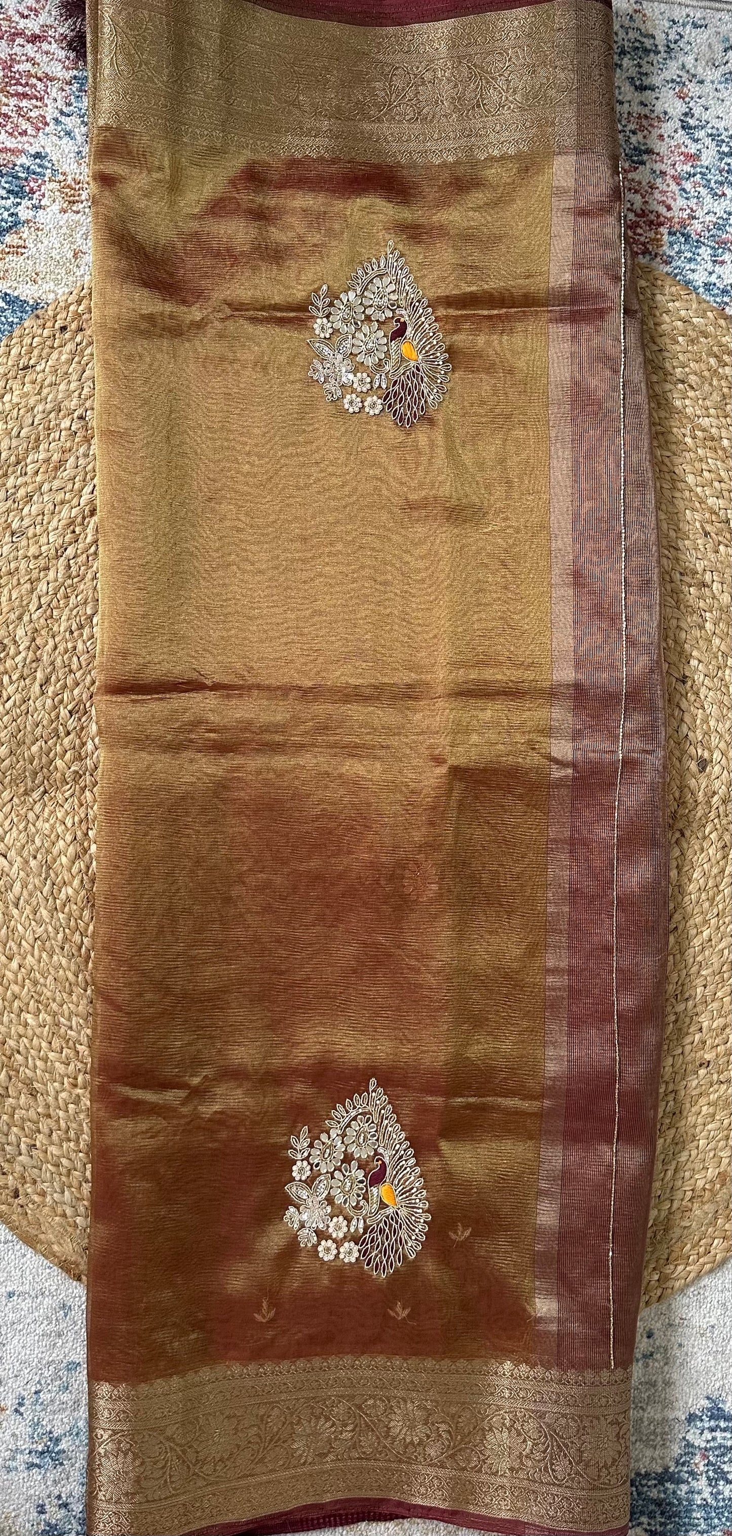 Golden Designer Handwork Crush Tissue Saree