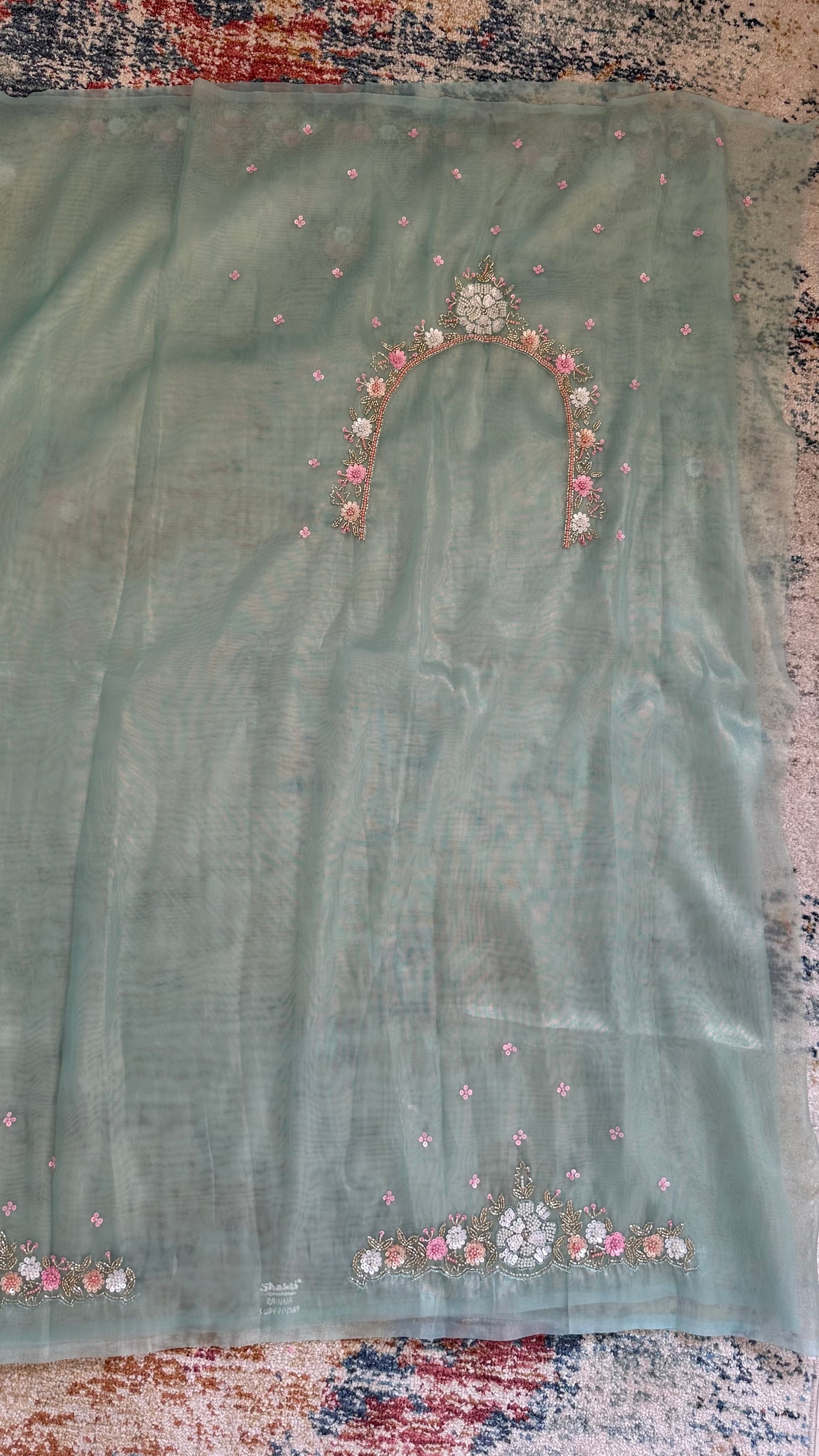 Mint Green Pure Shimmer Tissue Handwork Saree