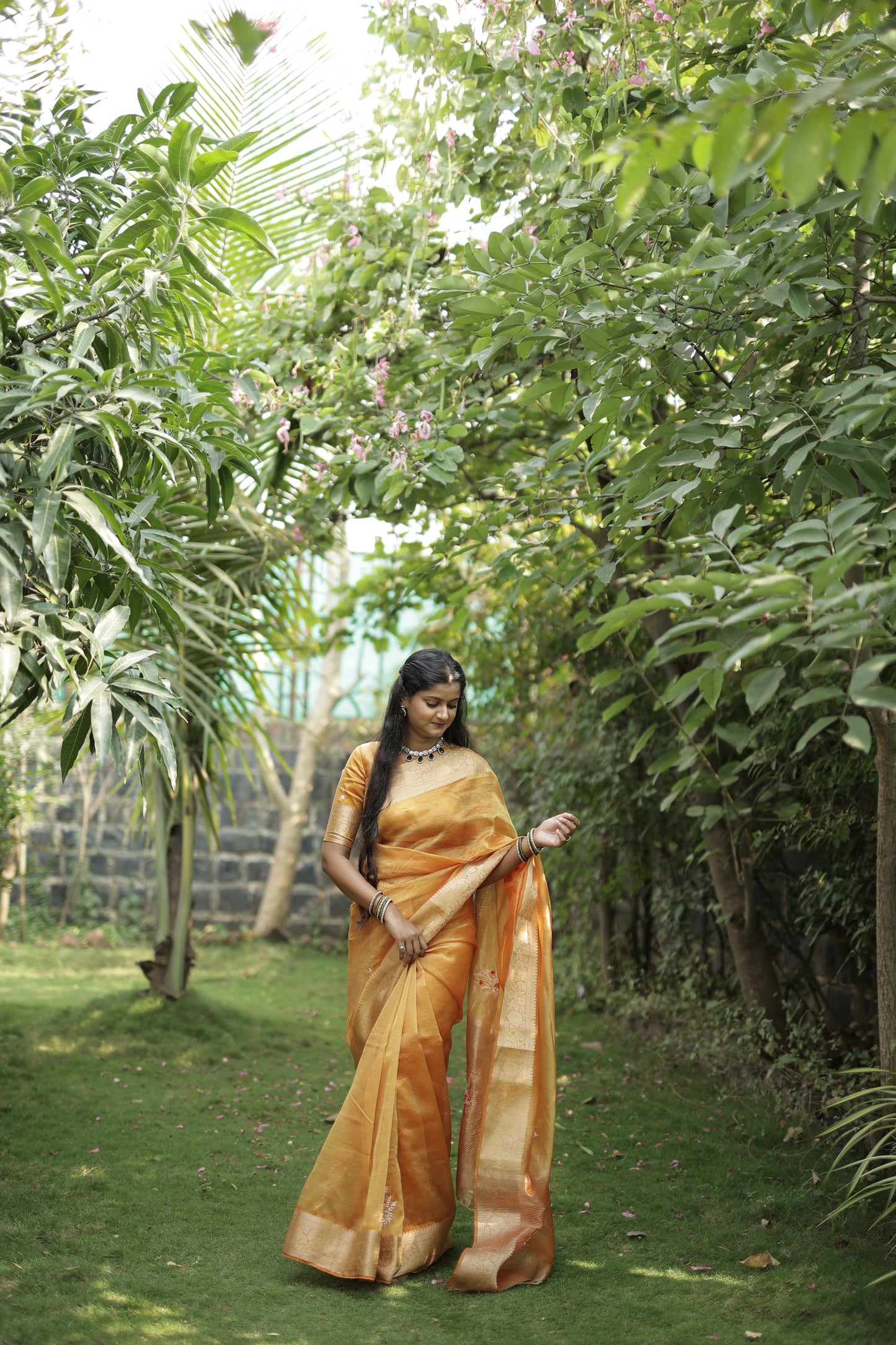 Orange Designer Handwork Crush Tissue Saree