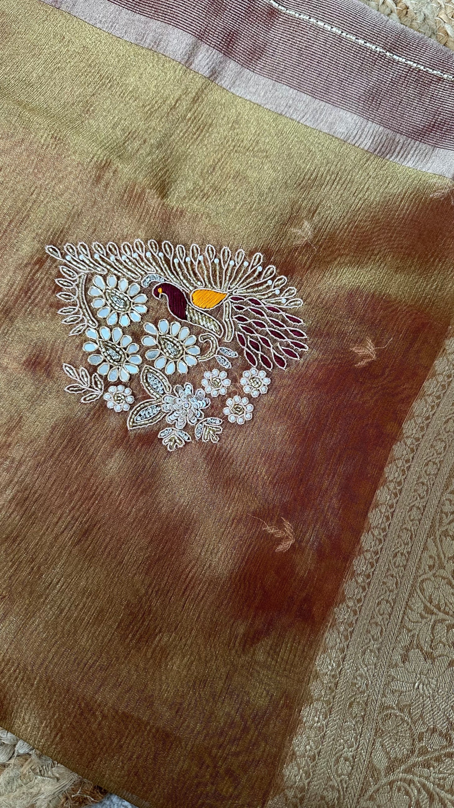 Golden Designer Handwork Crush Tissue Saree