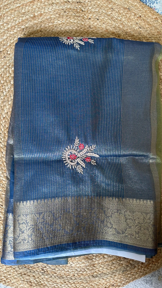 Blue Designer Handwork Crush Tissue Saree
