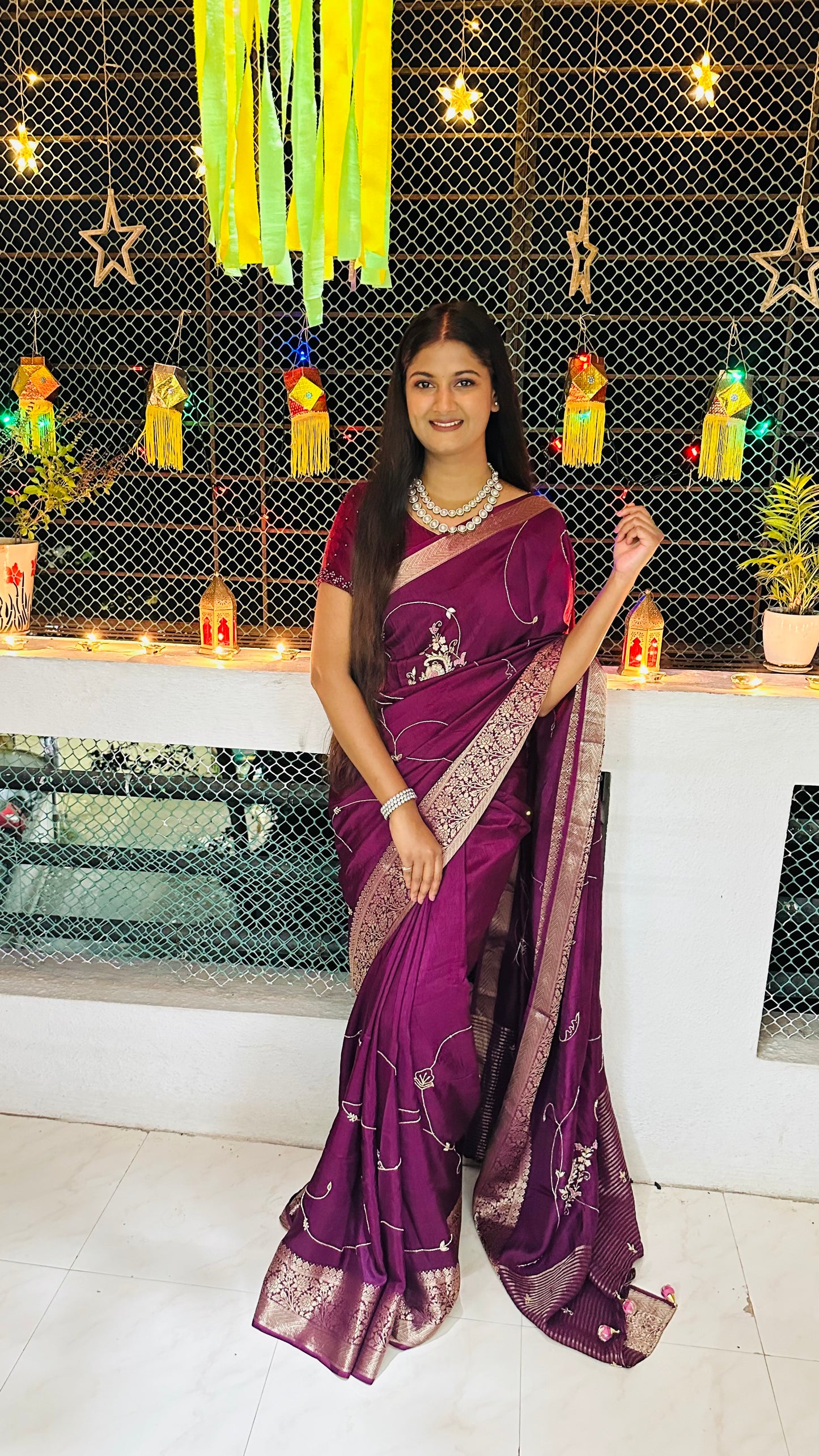 Purple Pure Dola Silk Handwork Designer Saree