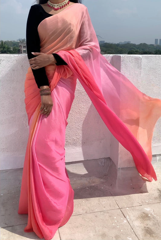 Pink Ombré Pure Chiffon Saree