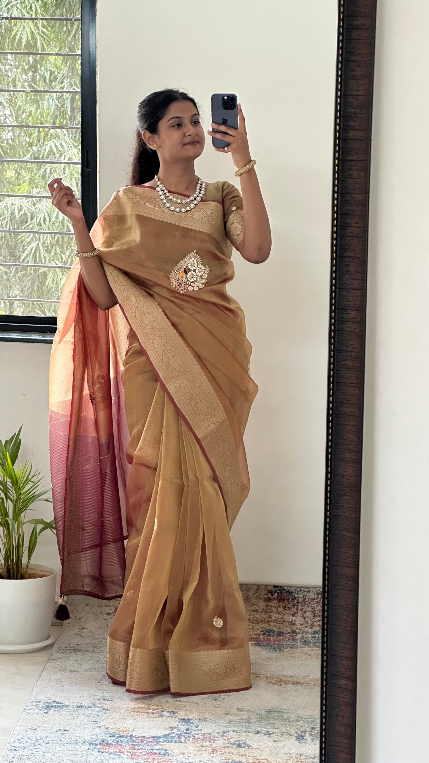 Golden Designer Handwork Crush Tissue Saree