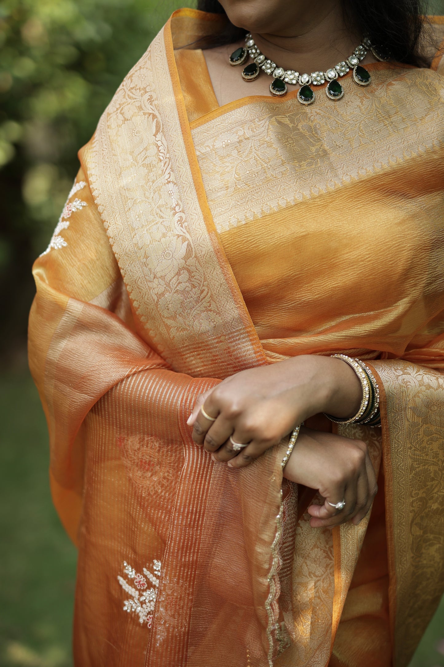 Orange Designer Handwork Crush Tissue Saree