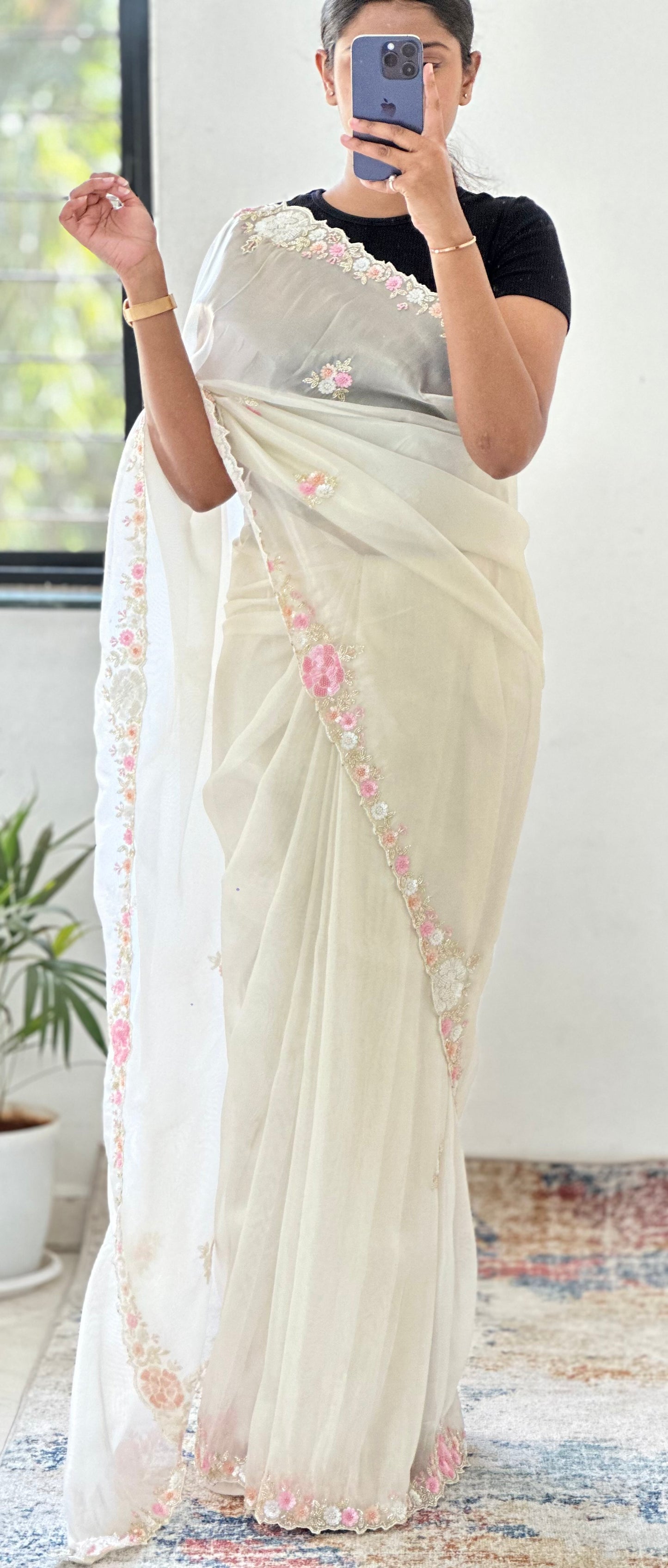 Ivory Pure Shimmer Tissue Handwork Saree