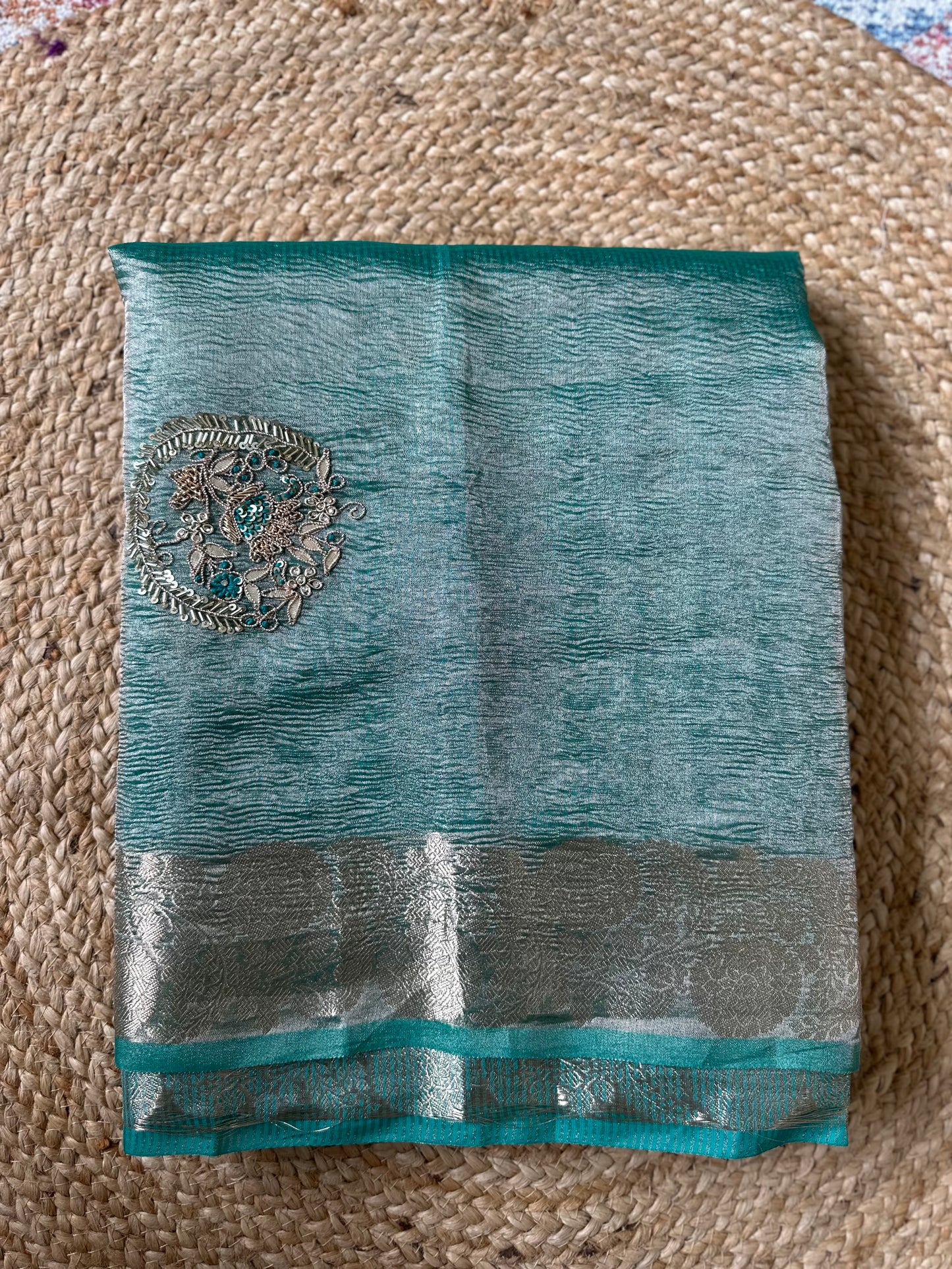 Green Designer Handwork Crush Tissue Saree