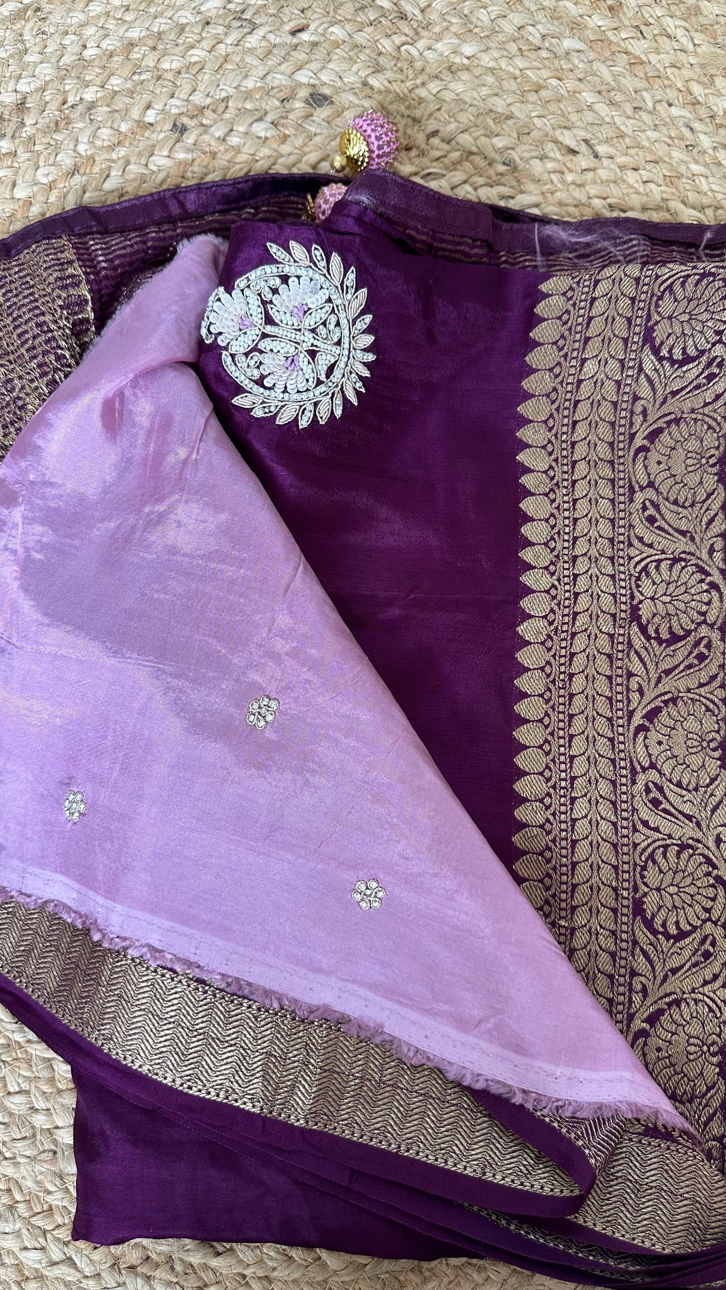 Purple Pure Dola Silk Handwork Designer Saree