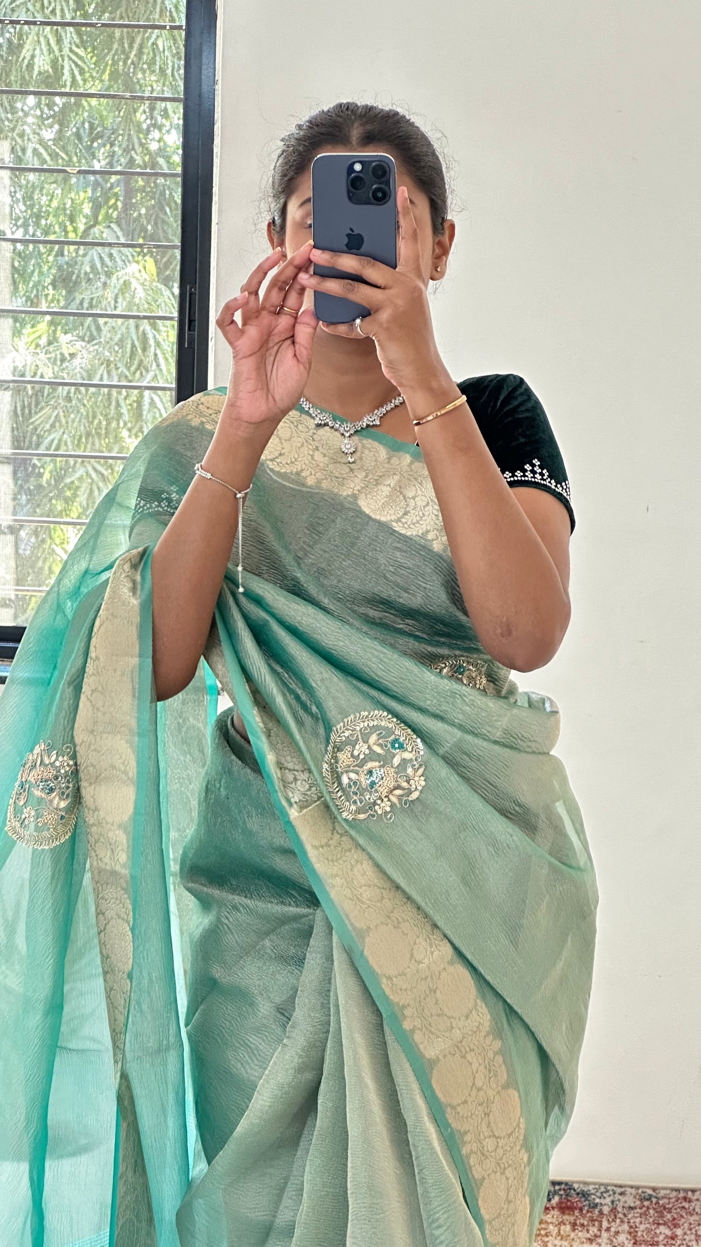 Green Designer Handwork Crush Tissue Saree