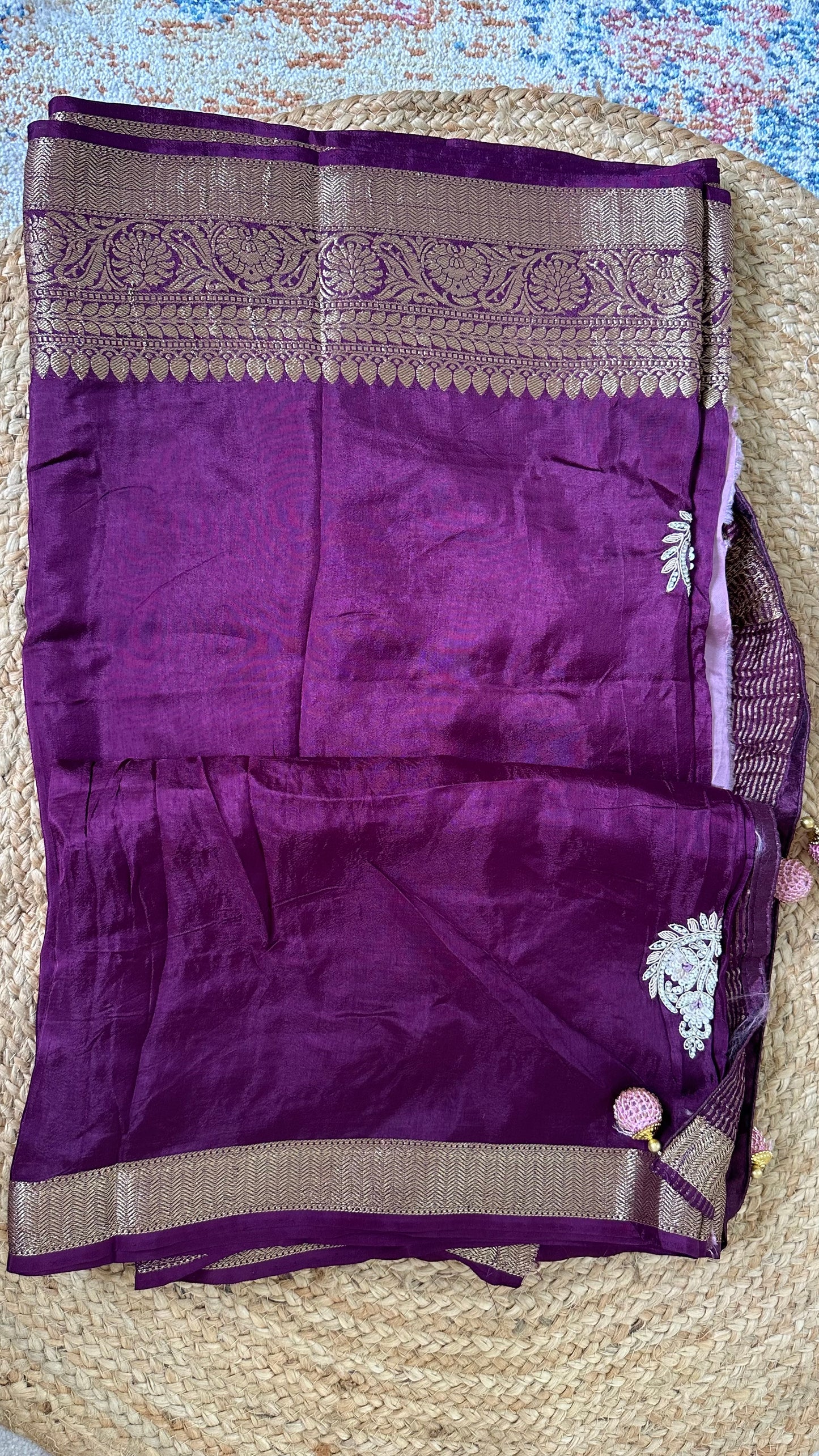 Purple Pure Dola Silk Handwork Designer Saree