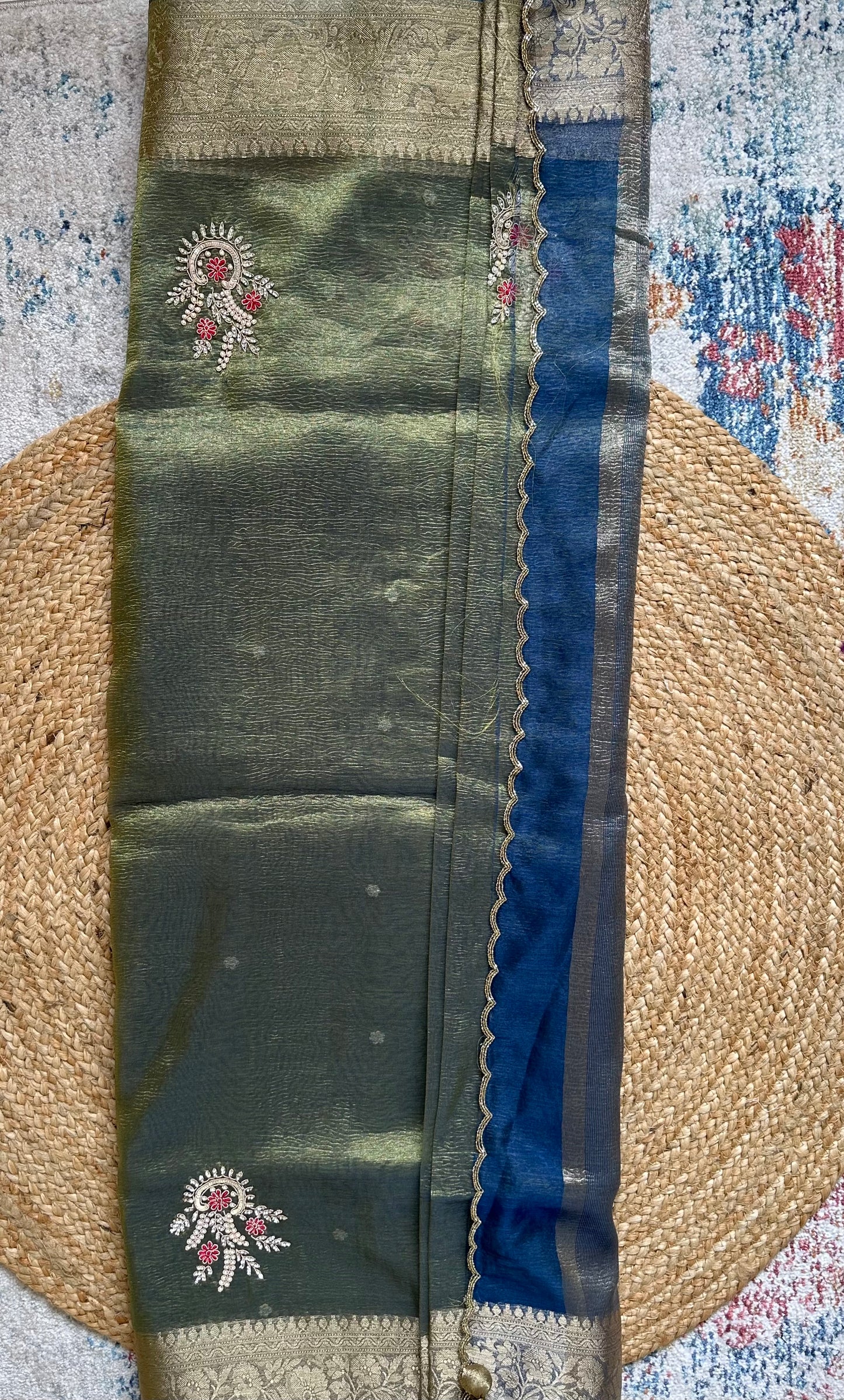 Blue Designer Handwork Crush Tissue Saree